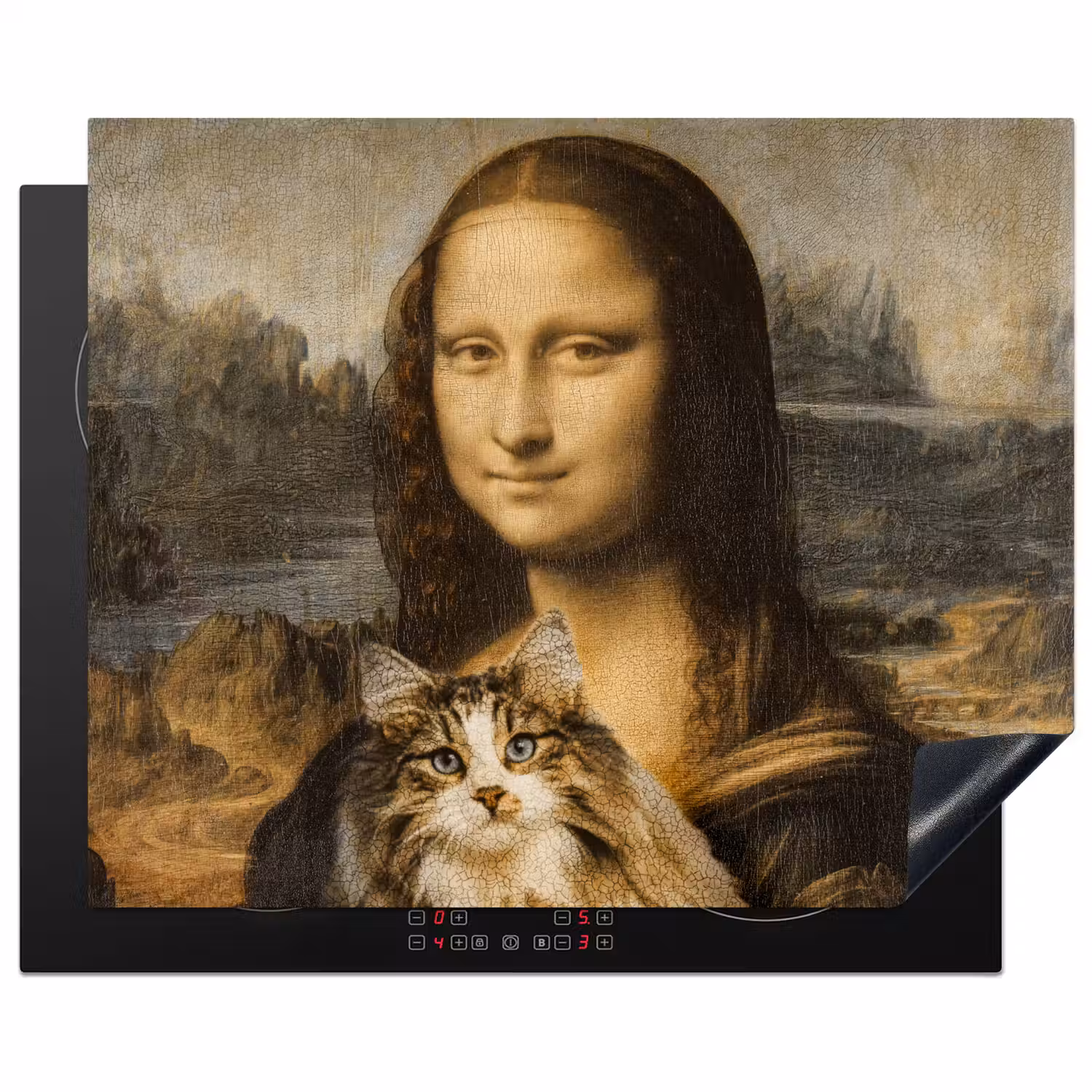 Mona Lisa - Kat - Leonardo da Vinci - Vintage - Kunstwerk - Oude meesters - Schilderij Inductie beschermer vinyl 3mm groot -3d