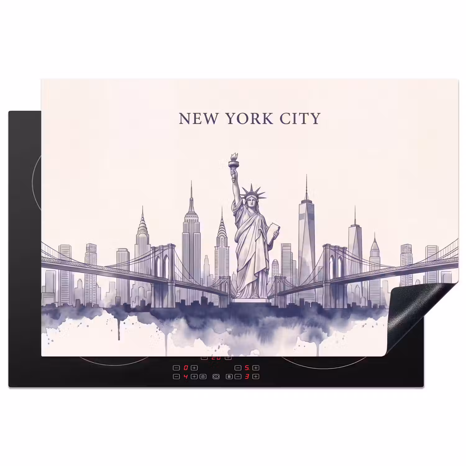 New York - Vrijheidsbeeld - Skyline - Illustratie - Blauw Inductie beschermer vinyl 3mm klein -3d