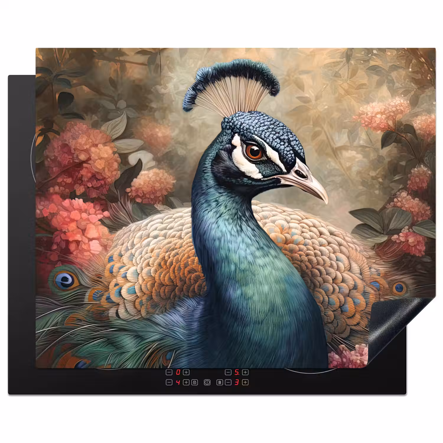 Pauw - Vogel - Bloemen - Planten - Pauwenveren Inductie beschermer vinyl 3mm groot -3d
