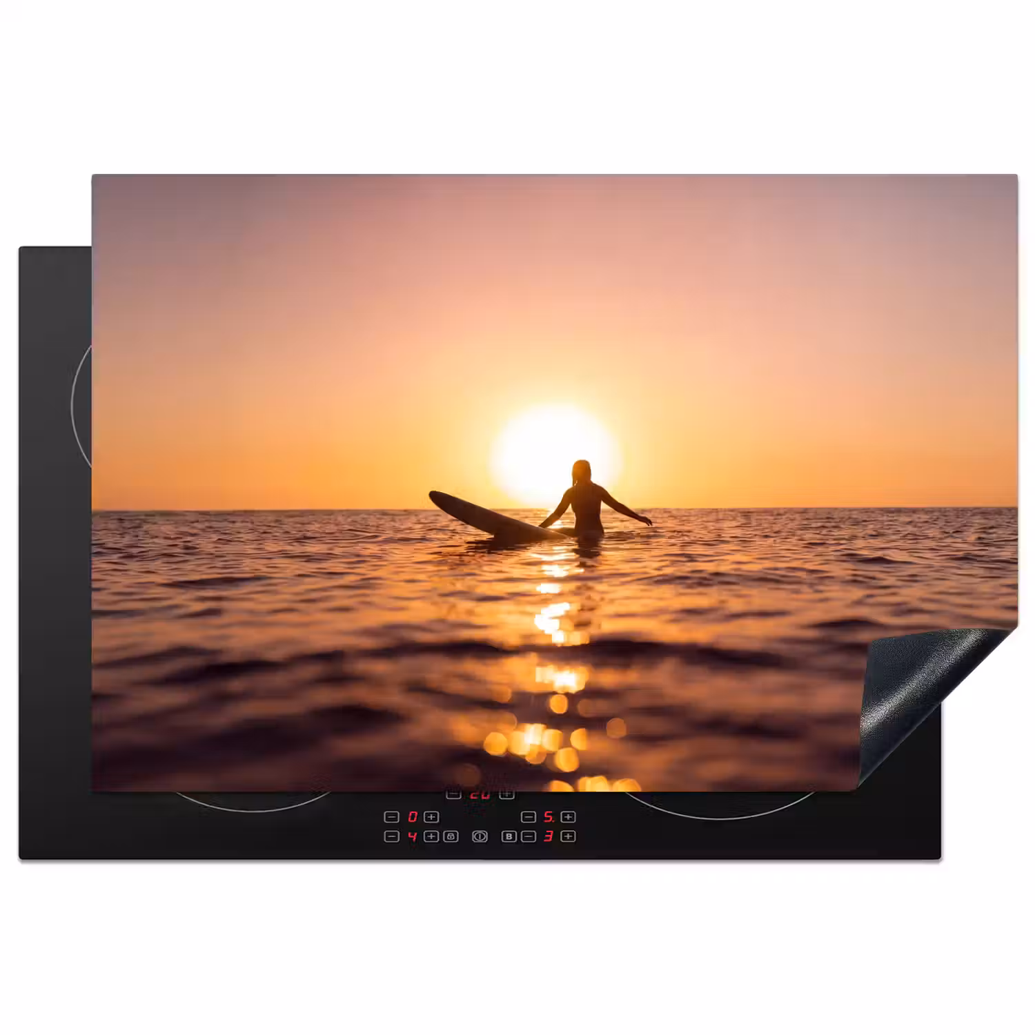 Persoon - Surfen - Zonsondergang - Zee - Oranje Inductie beschermer vinyl 3mm klein -3d
