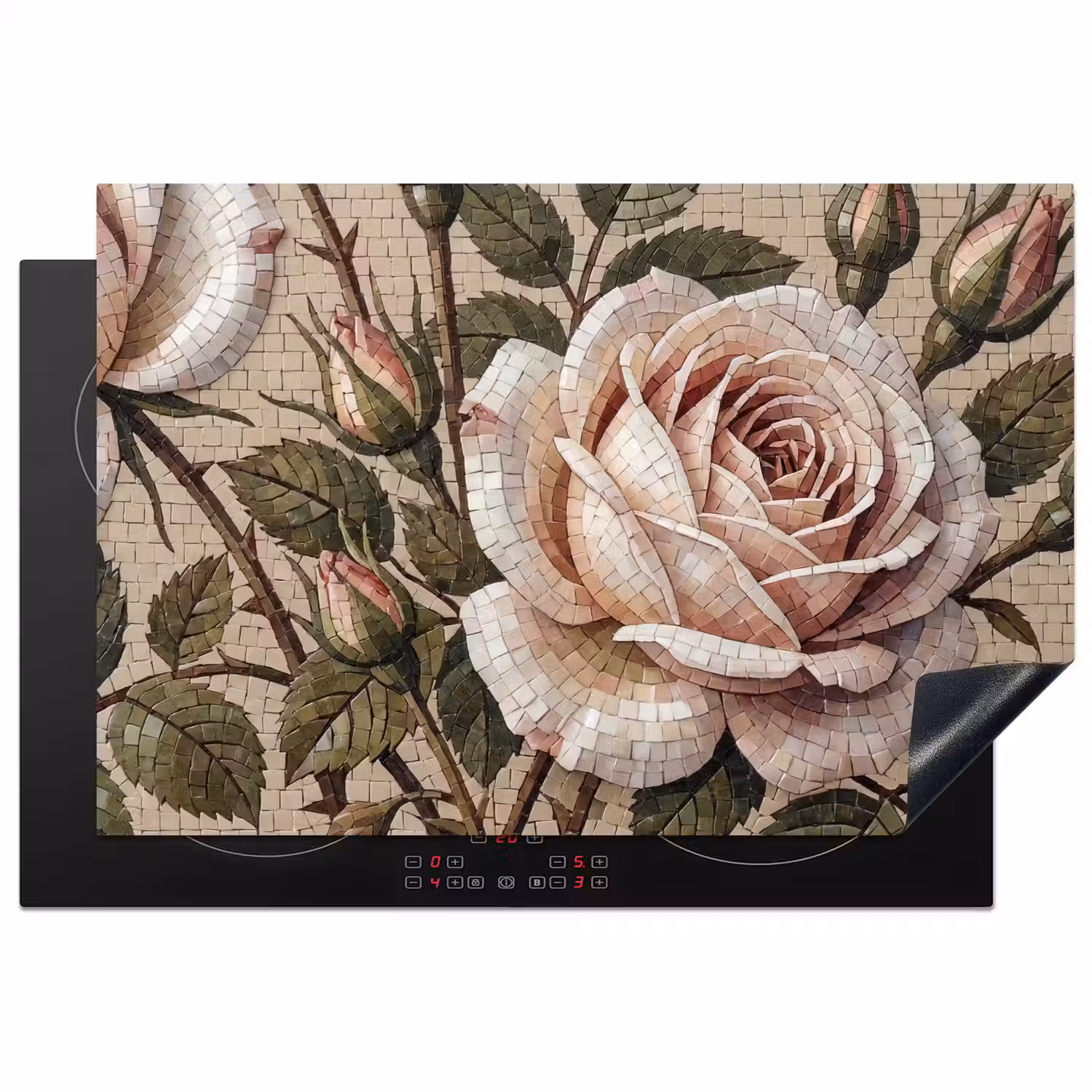 Roos - Mozaïek - Bloemen - Klassiek - Beige Inductie beschermer vinyl 3mm klein -3d