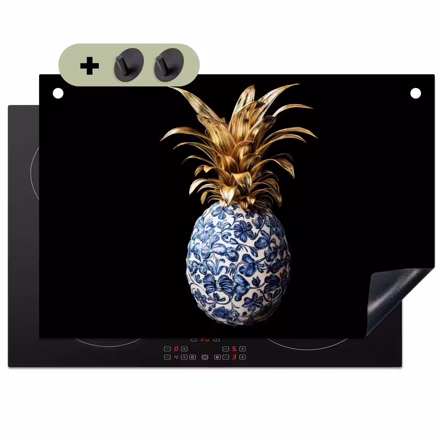 Ananas - Bloemen patroon - Goud - Delftsblauw Inductie beschemer met haakjes klein -3d