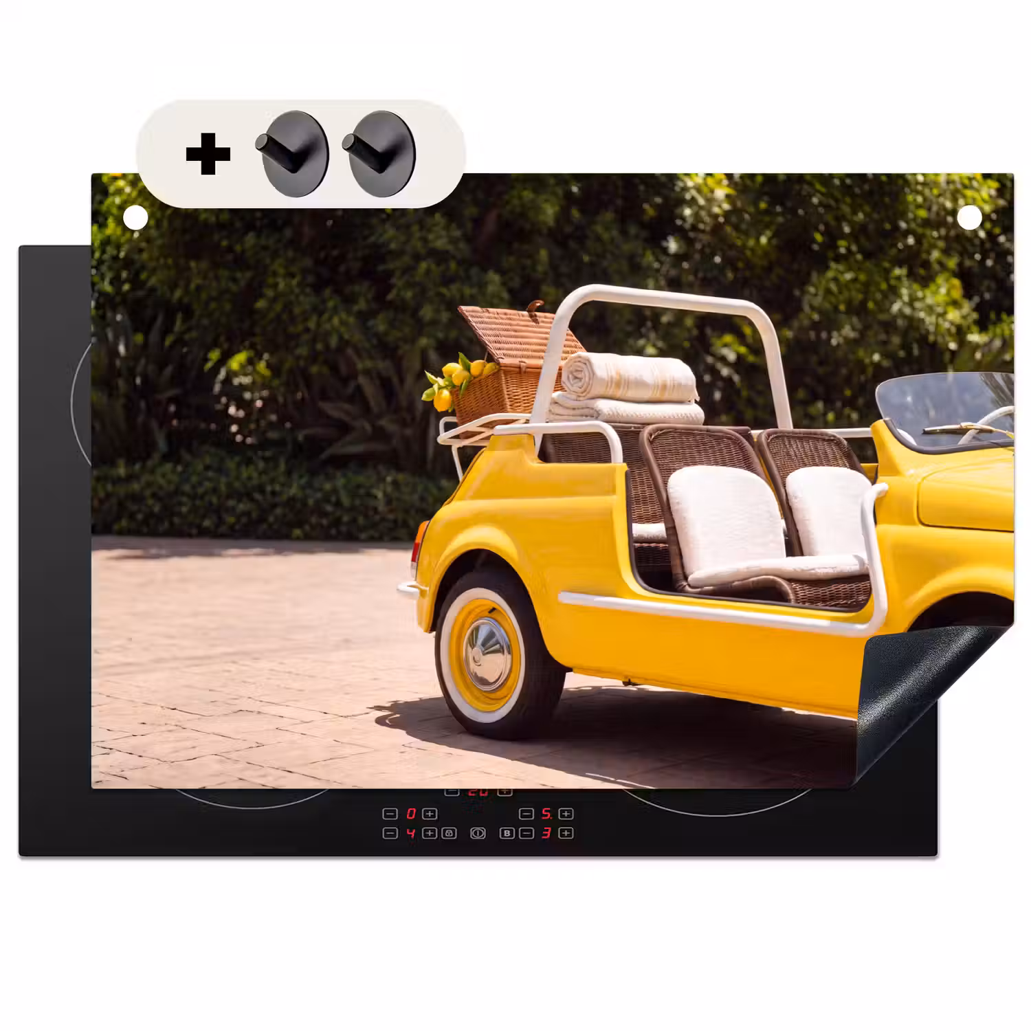Auto - Picknick - Zomer - Geel Inductie beschemer met haakjes klein -3d