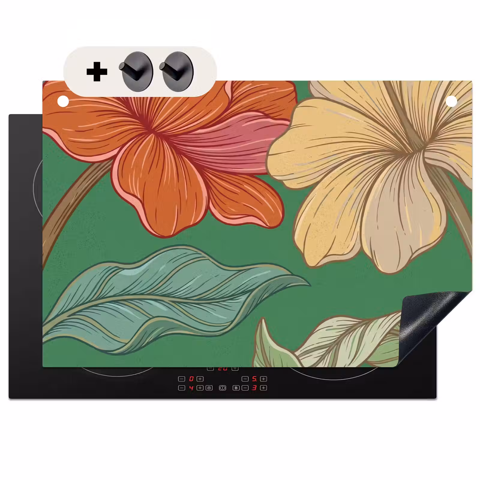 Inductiebeschermer & spatscherm (2in1) - Bloemen - Groen - Illustratie - Bloemen - Groen - Illustratie Inductie beschemer met haakjes klein