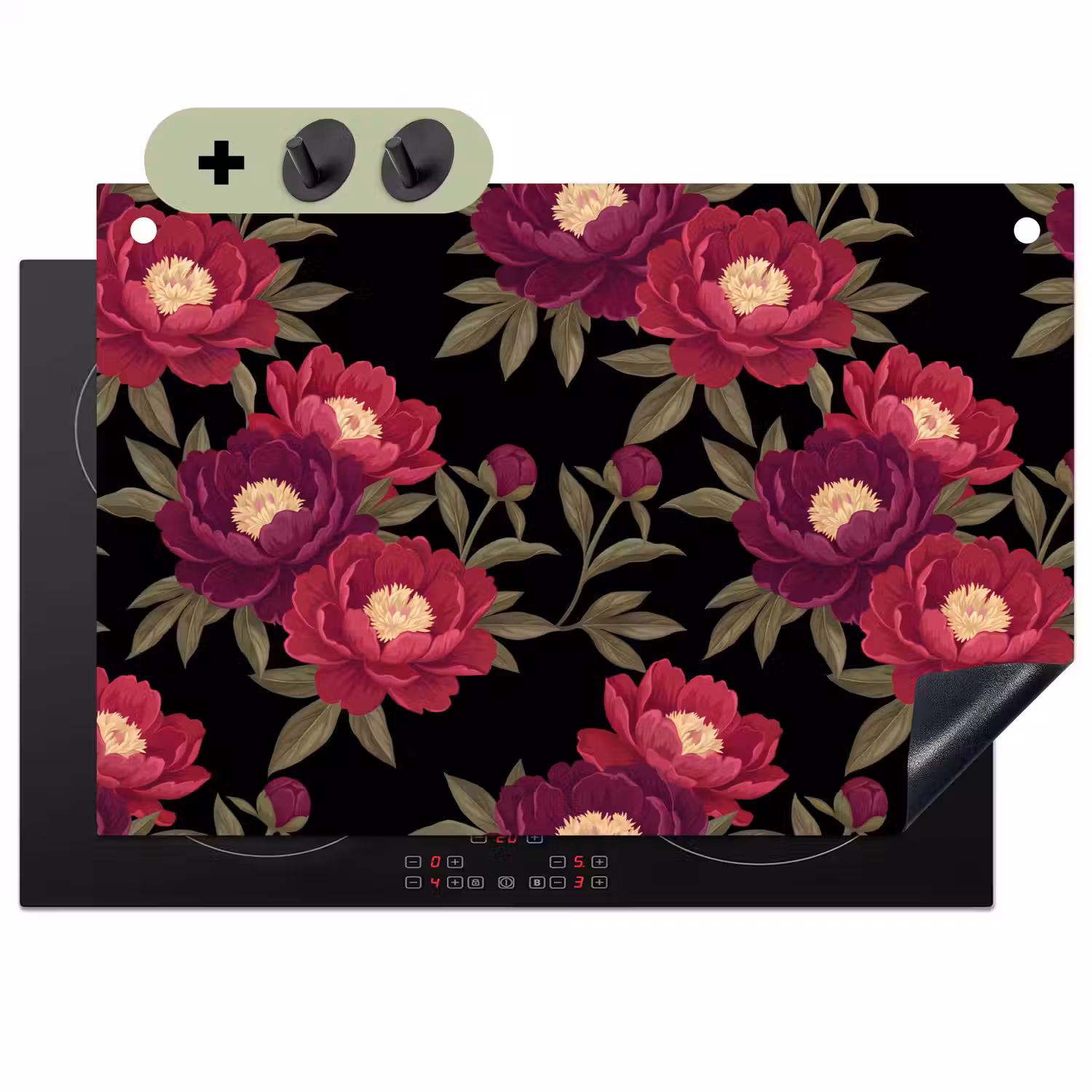 Bloemen - Patroon - Botanisch - Rood - Zwart Inductie beschemer met haakjes klein -3d