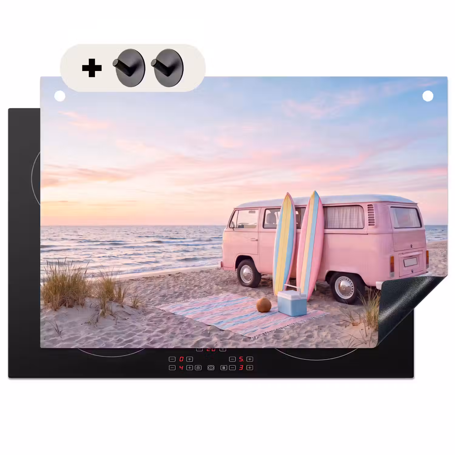 Busje - Strand - Surfplank - Zomer - Roze Inductie beschemer met haakjes klein -3d