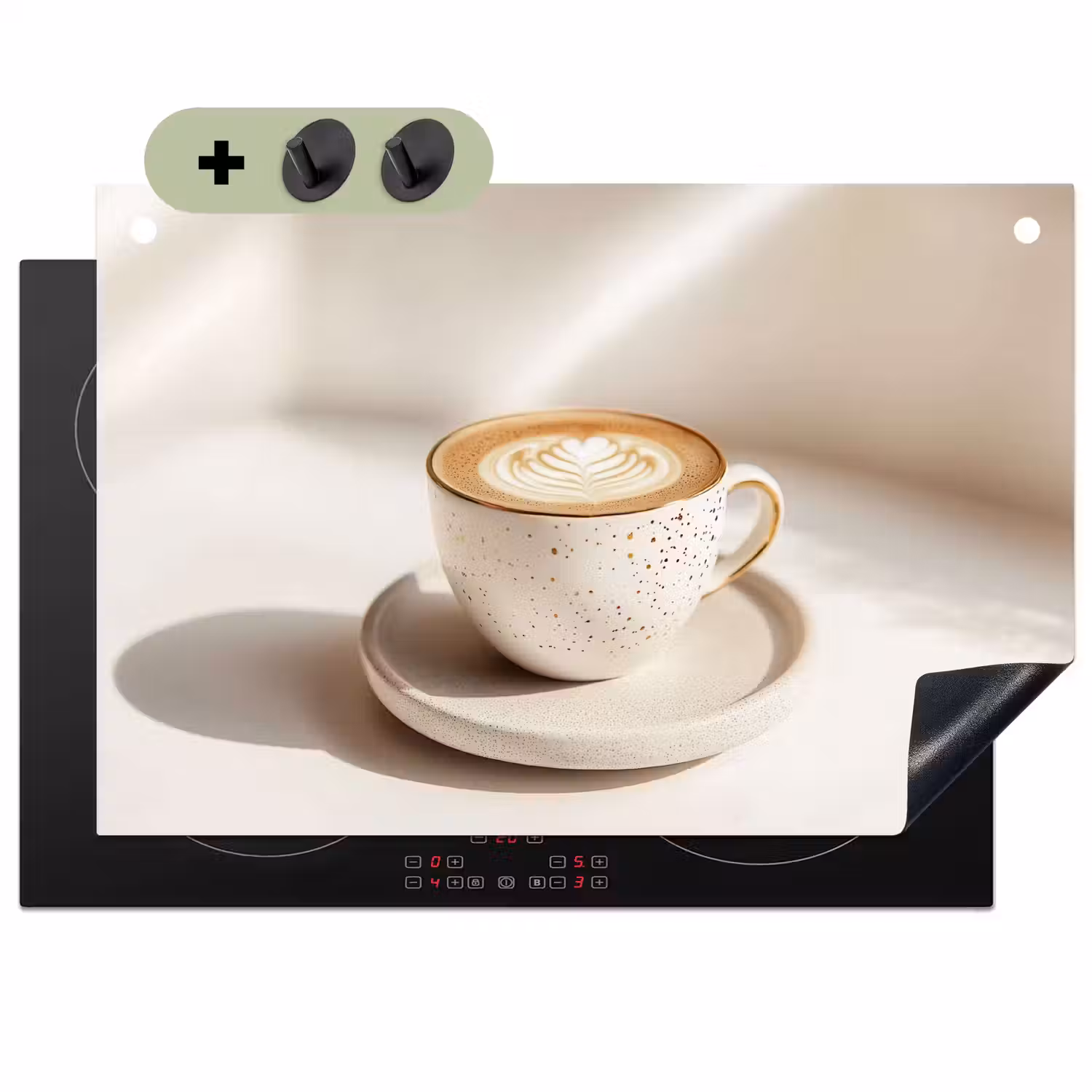 Cappuccino - Schuim - Schotel - Beige Inductie beschemer met haakjes klein -3d