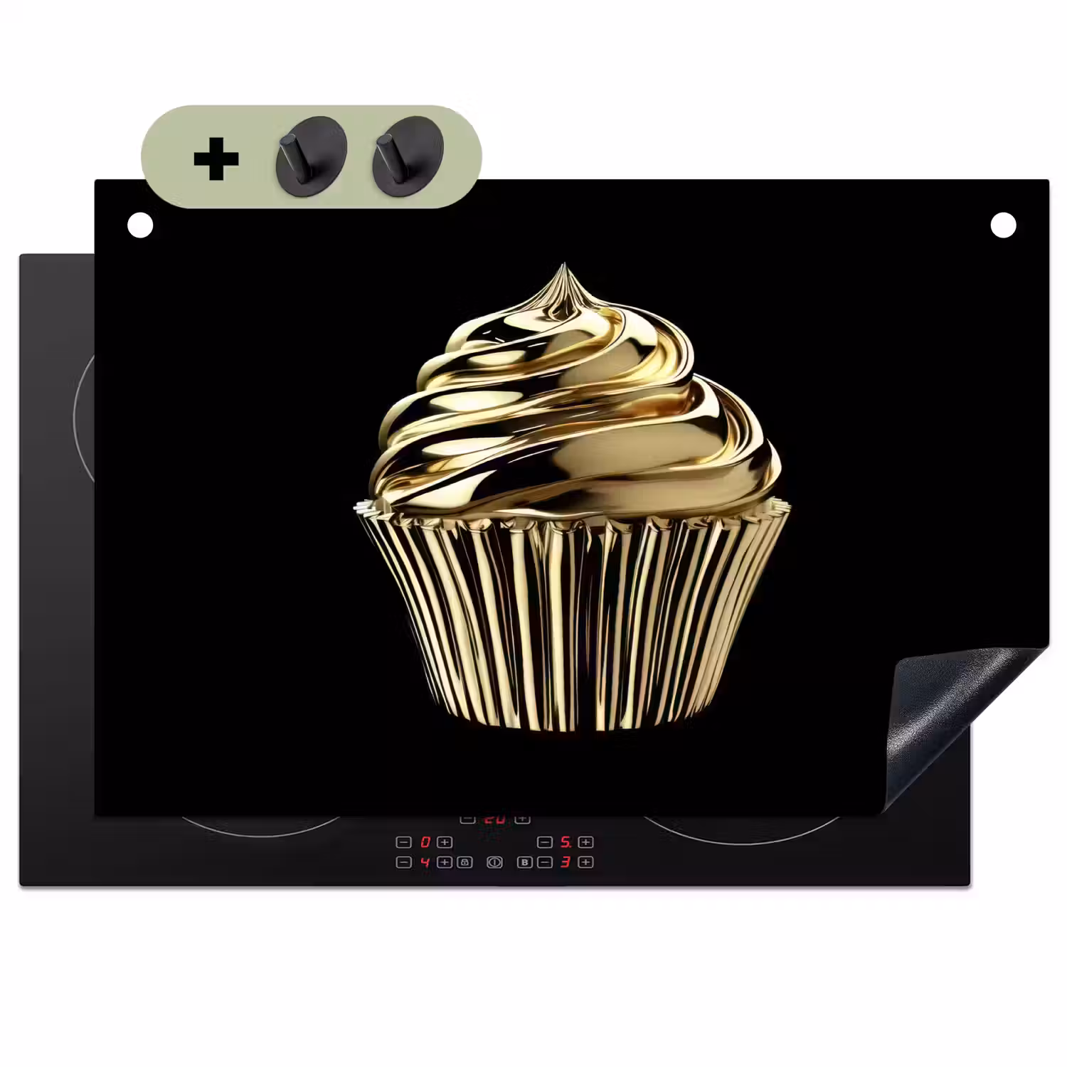 Cupcake - Eten - Goud - Zwart Inductie beschemer met haakjes klein -3d