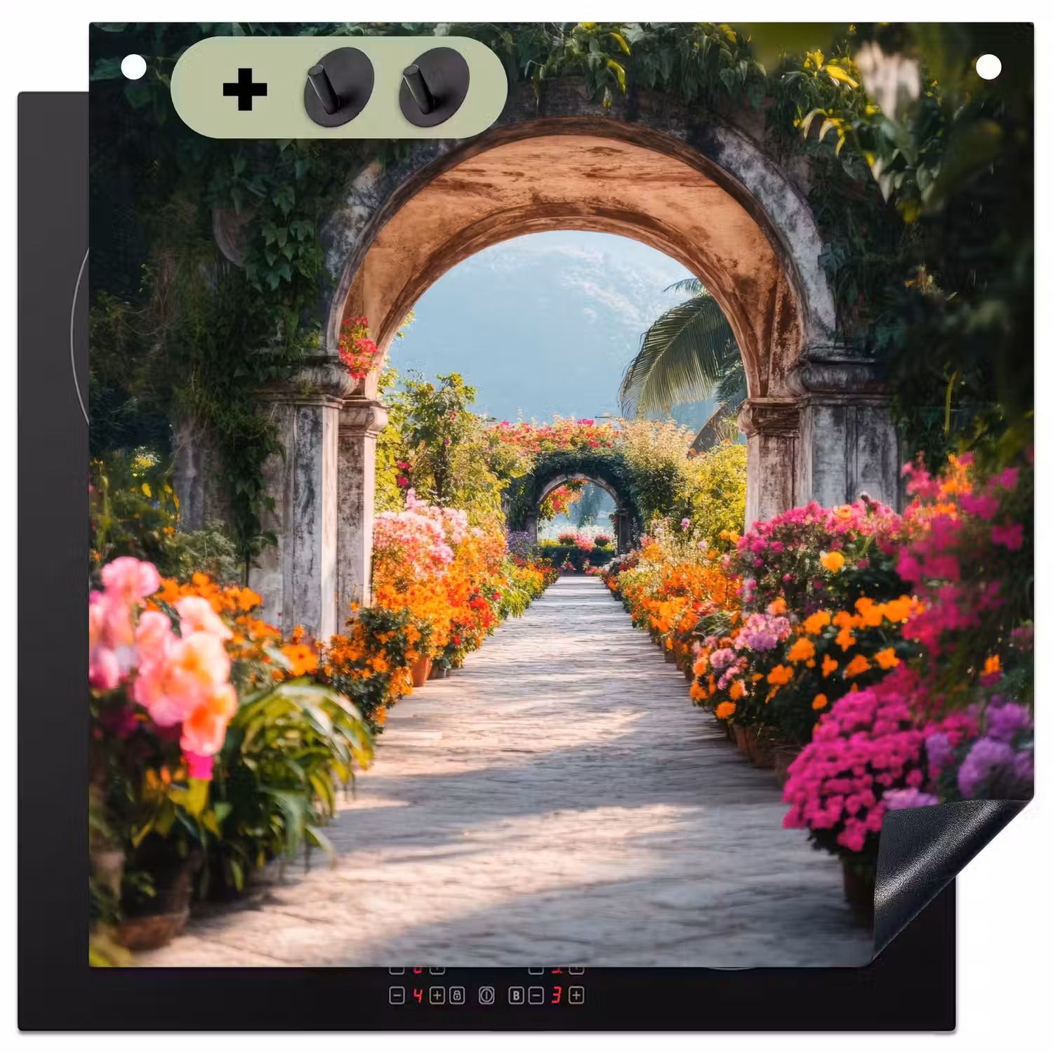 Doorkijk - Bloemen - Tropisch - Kleurrijk Inductie beschemer met haakjes middel -3d