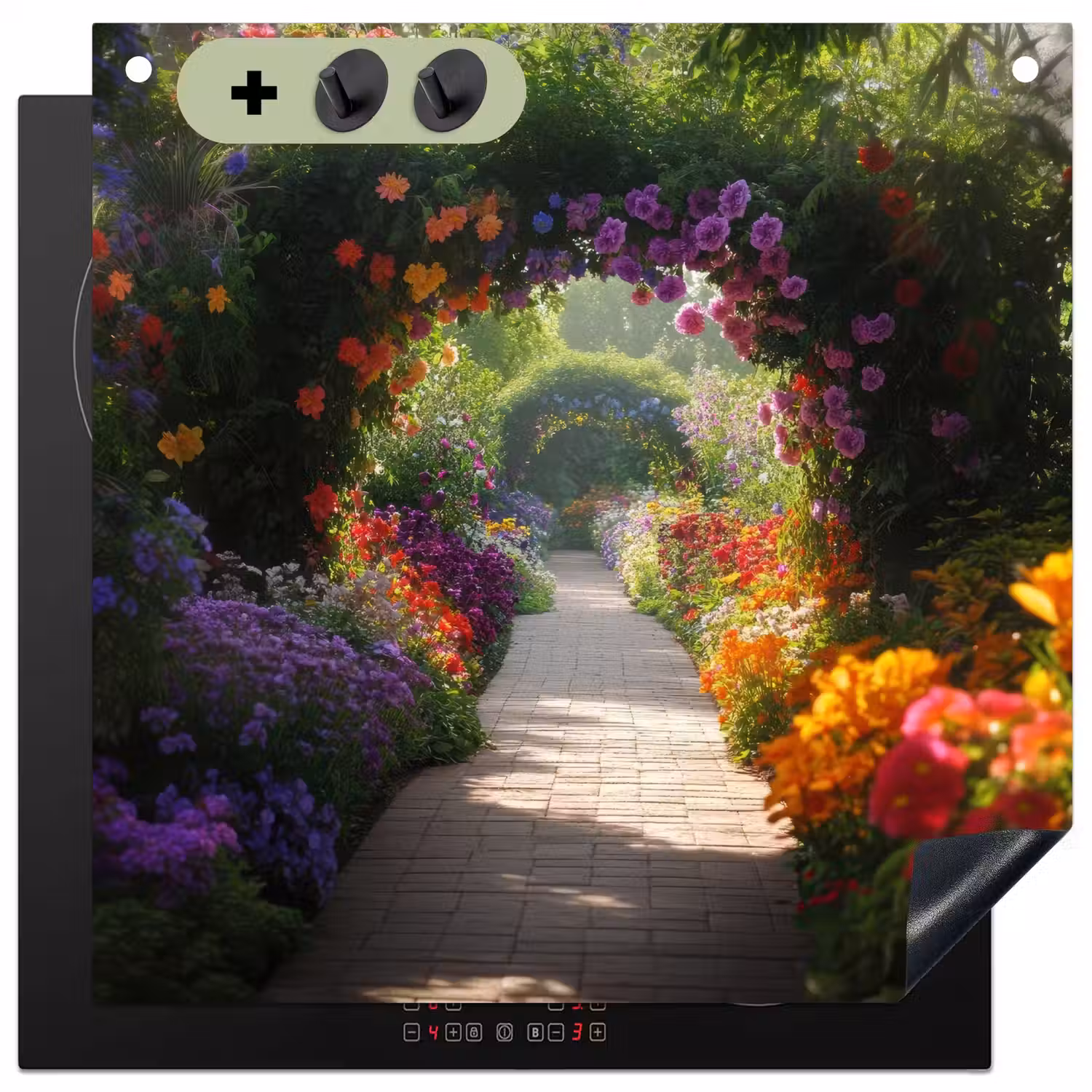 Doorkijk - Pad - Bloemen - Struik - Kleurrijk Inductie beschemer met haakjes middel -3d