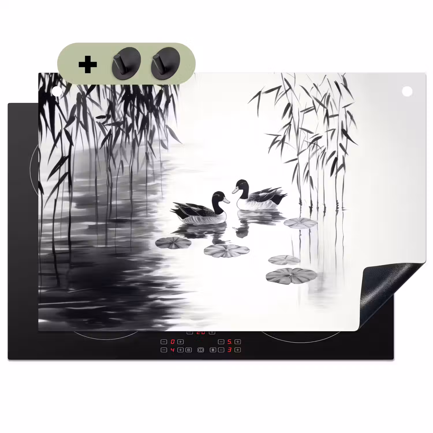 Eenden - Waterlelies - Riet - Zwart Inductie beschemer met haakjes klein -3d