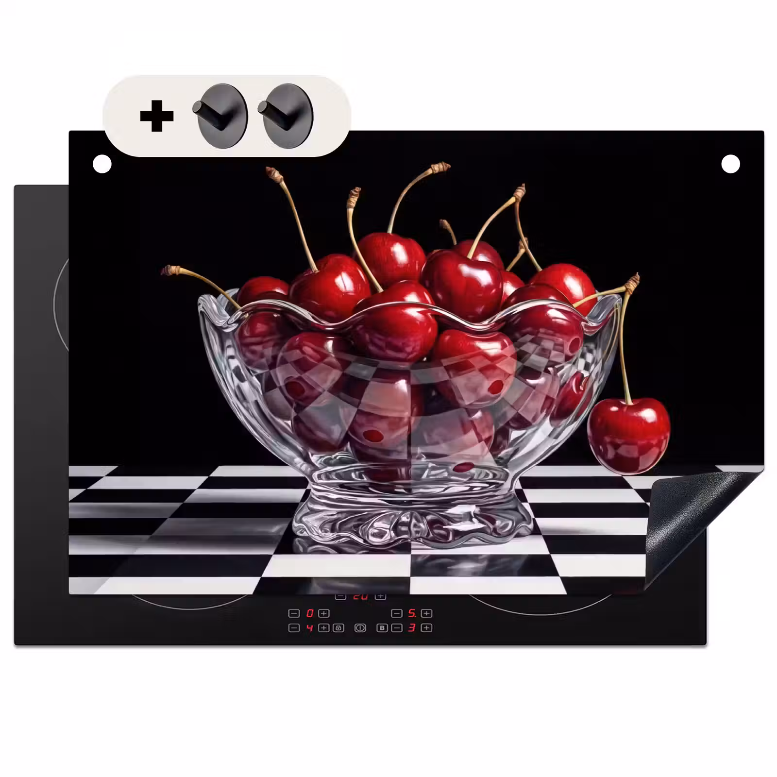 Inductiebeschermer & spatscherm (2in1) - Eten - Kersen - Rood - Eten - Kersen - Rood Inductie beschemer met haakjes klein