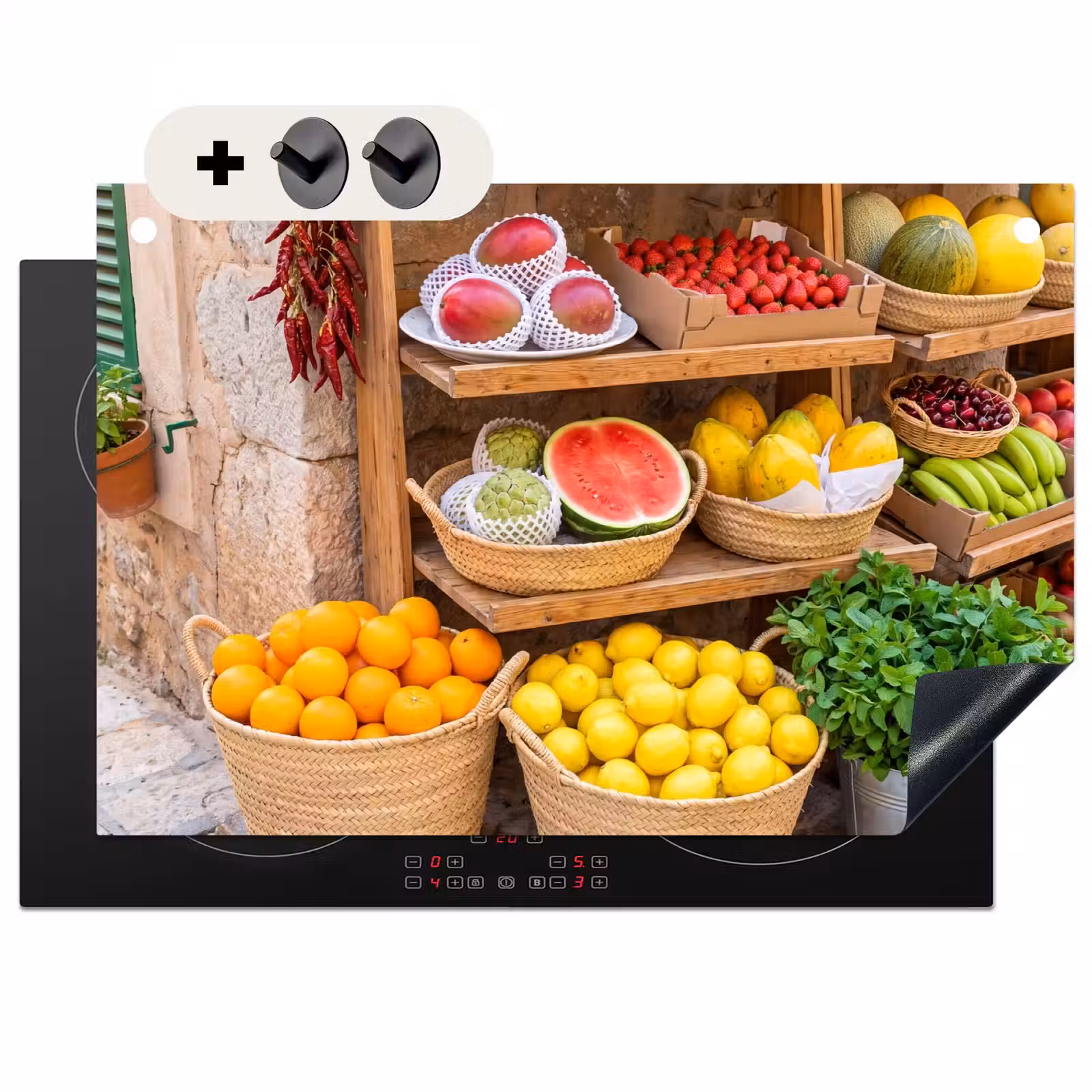 Inductiebeschermer & spatscherm (2in1) - Fruit - Markt - Vers - Fruit - Markt - Vers Inductie beschemer met haakjes klein