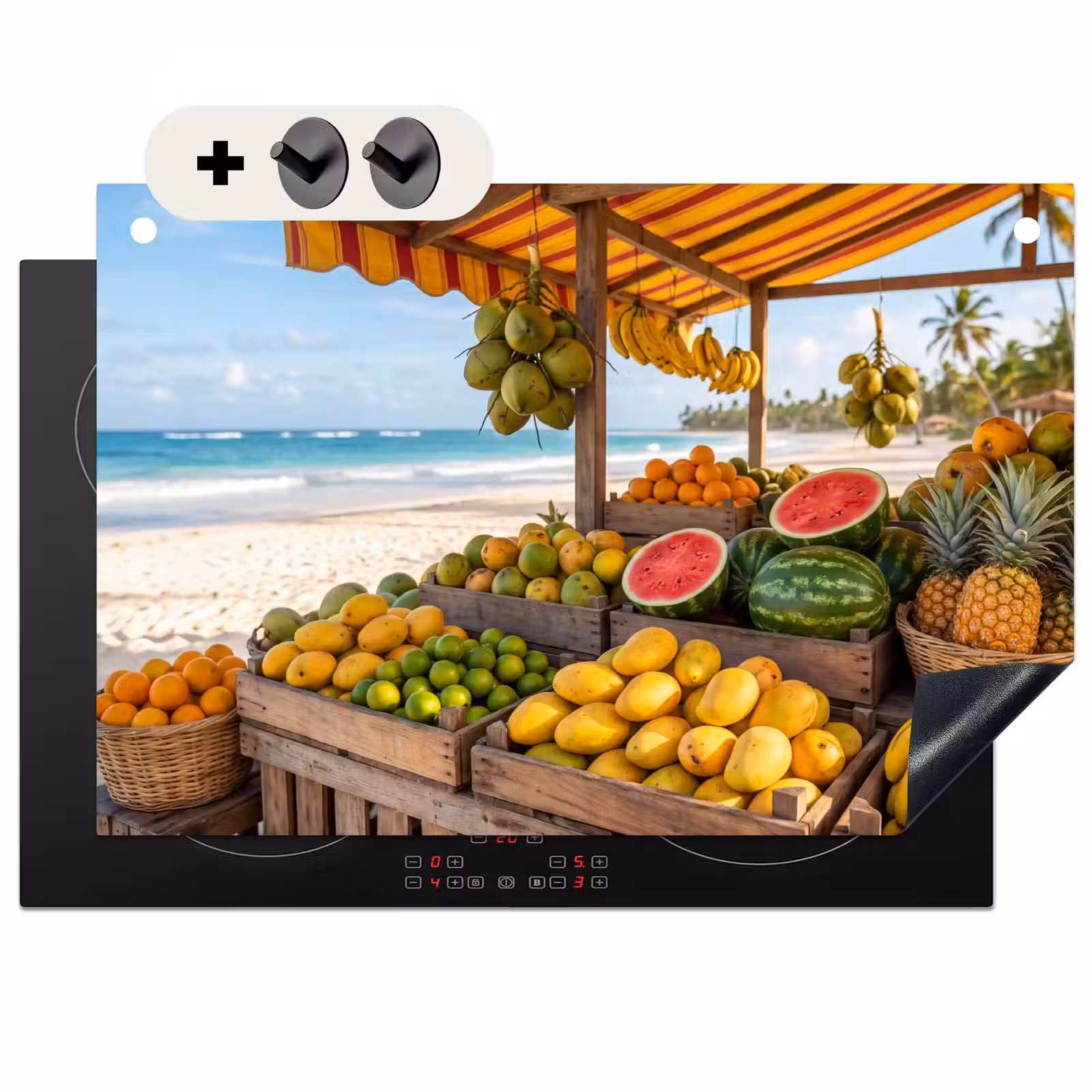 Inductiebeschermer & spatscherm (2in1) - Fruit - Strand - Tropisch - Fruit - Strand - Tropisch Inductie beschemer met haakjes klein