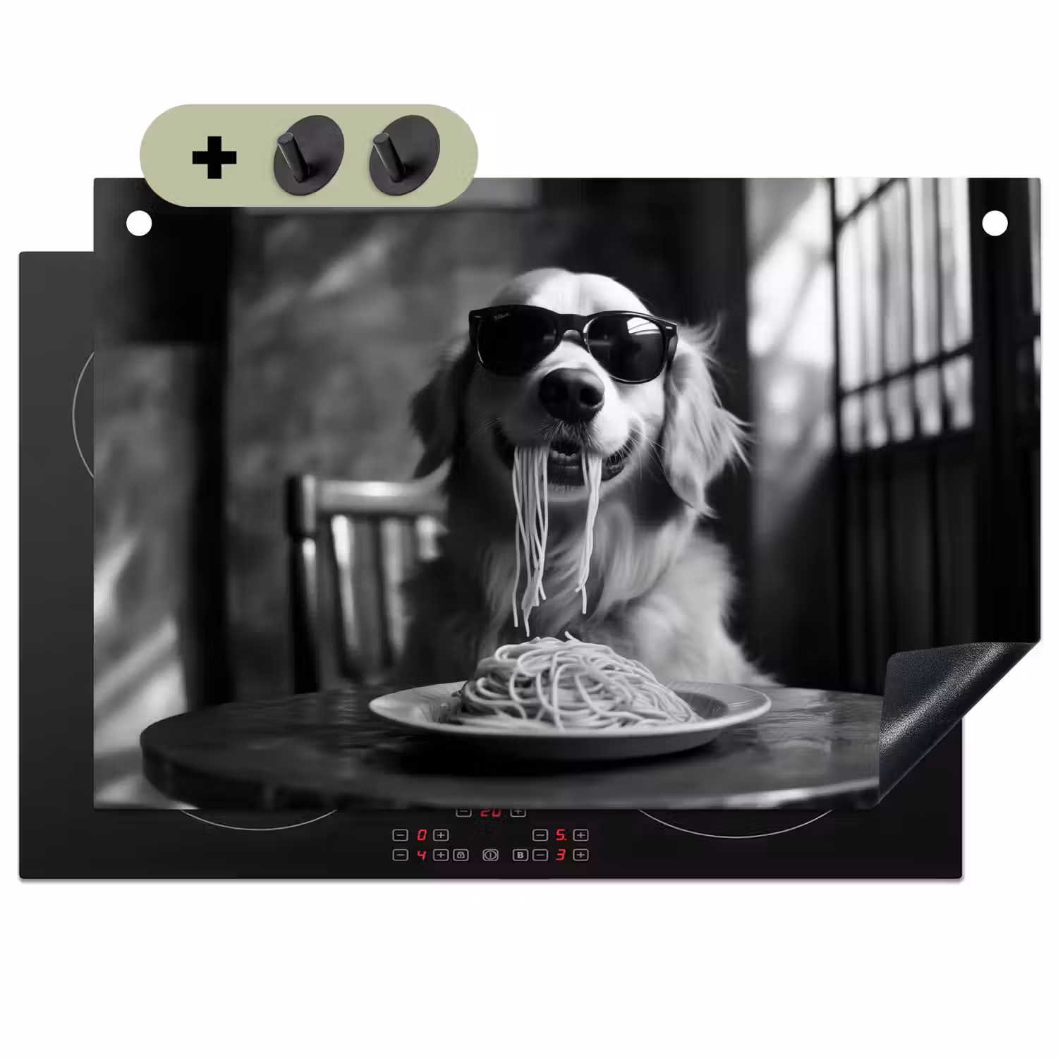 Golden Retriever - Hond - Vrolijk - Bord spaghetti - Zwart - wit Inductie beschemer met haakjes klein -3d