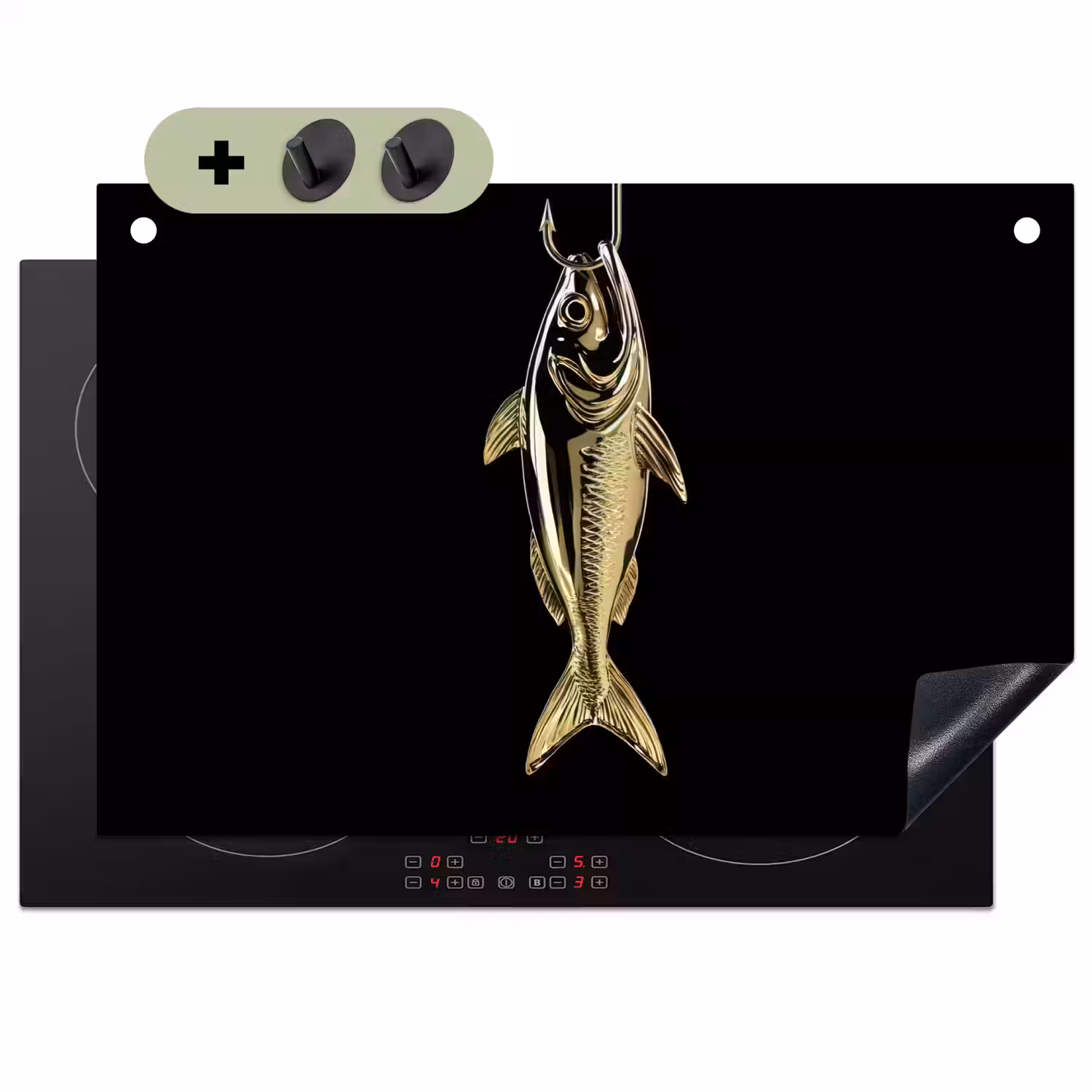 Goud - Vis - Haak - Zwart Inductie beschemer met haakjes klein -3d