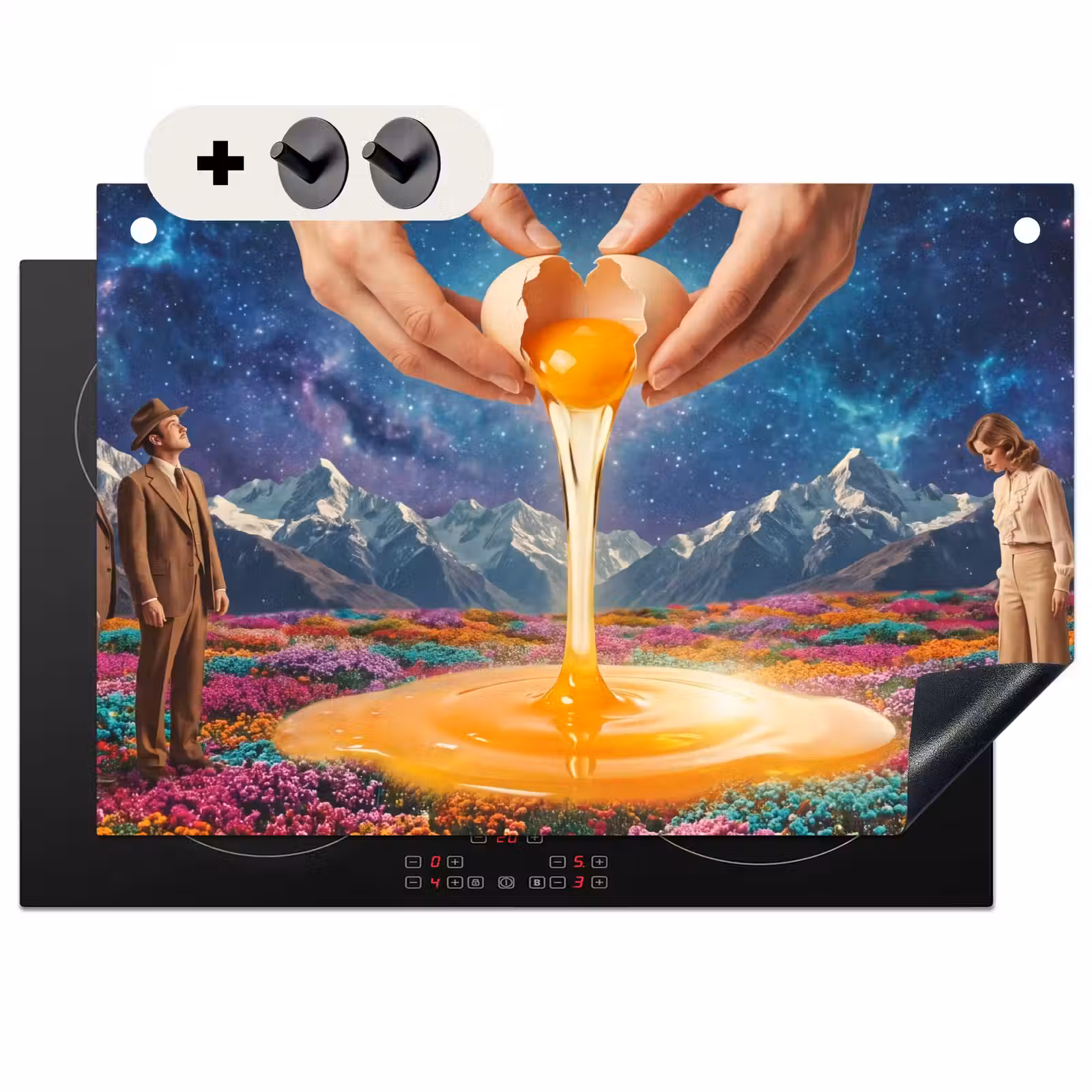 Inductiebeschermer & spatscherm (2in1) - Handen - Ei - Surrealisme - Handen - Ei - Surrealisme Inductie beschemer met haakjes klein