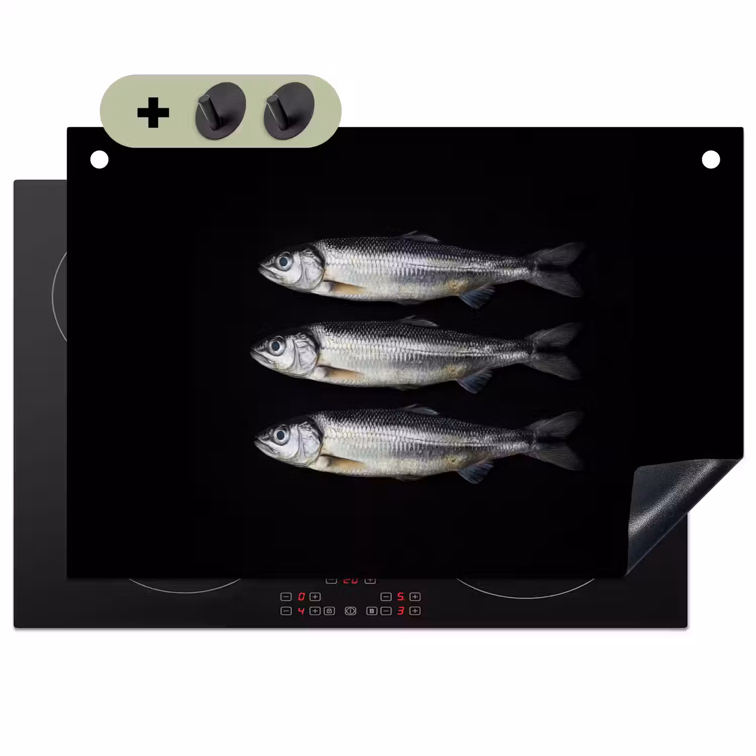 Haring - Vissen - Zwart Inductie beschemer met haakjes klein -3d