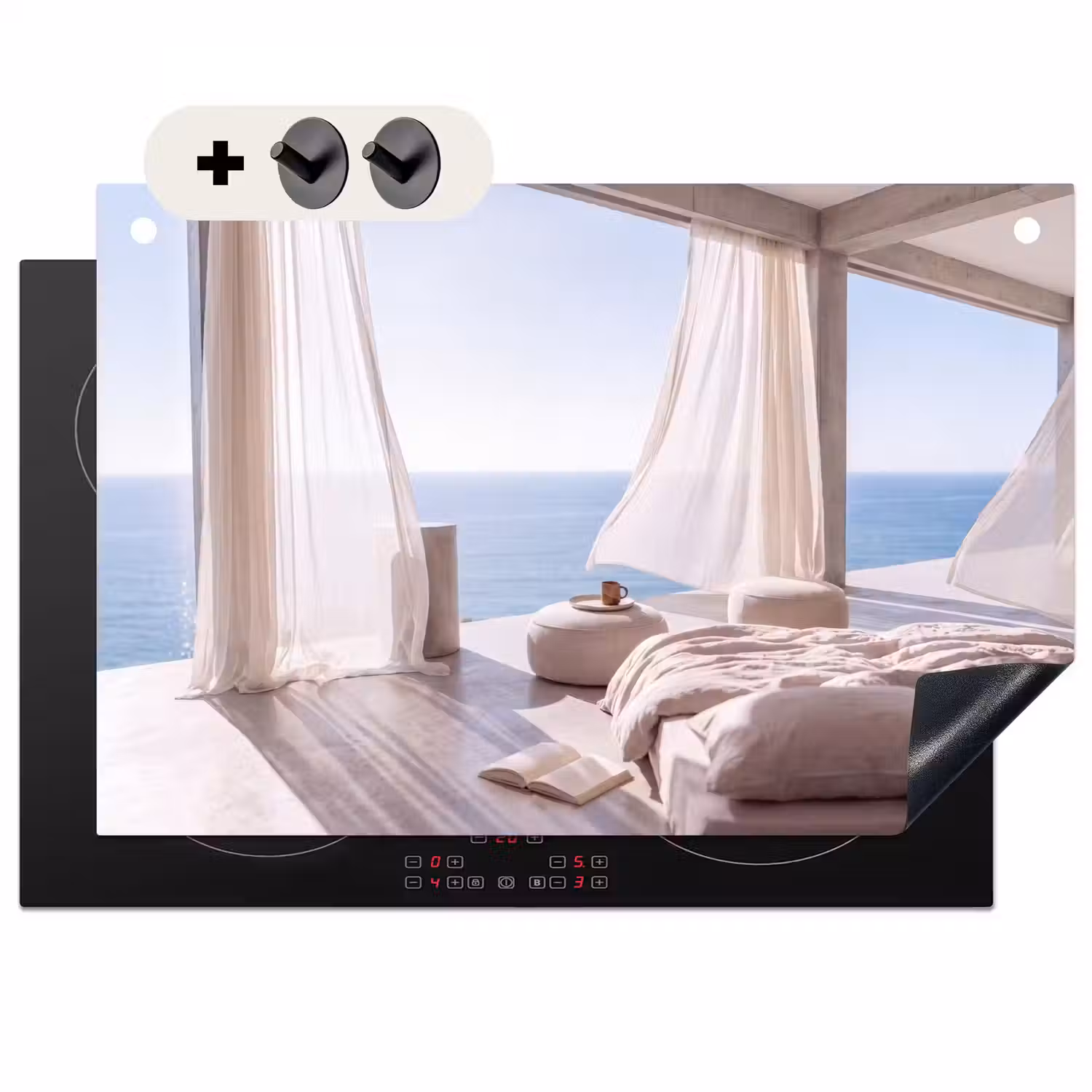 Interieur - Zeezicht - Modern - Rust - Beige Inductie beschemer met haakjes klein -3d