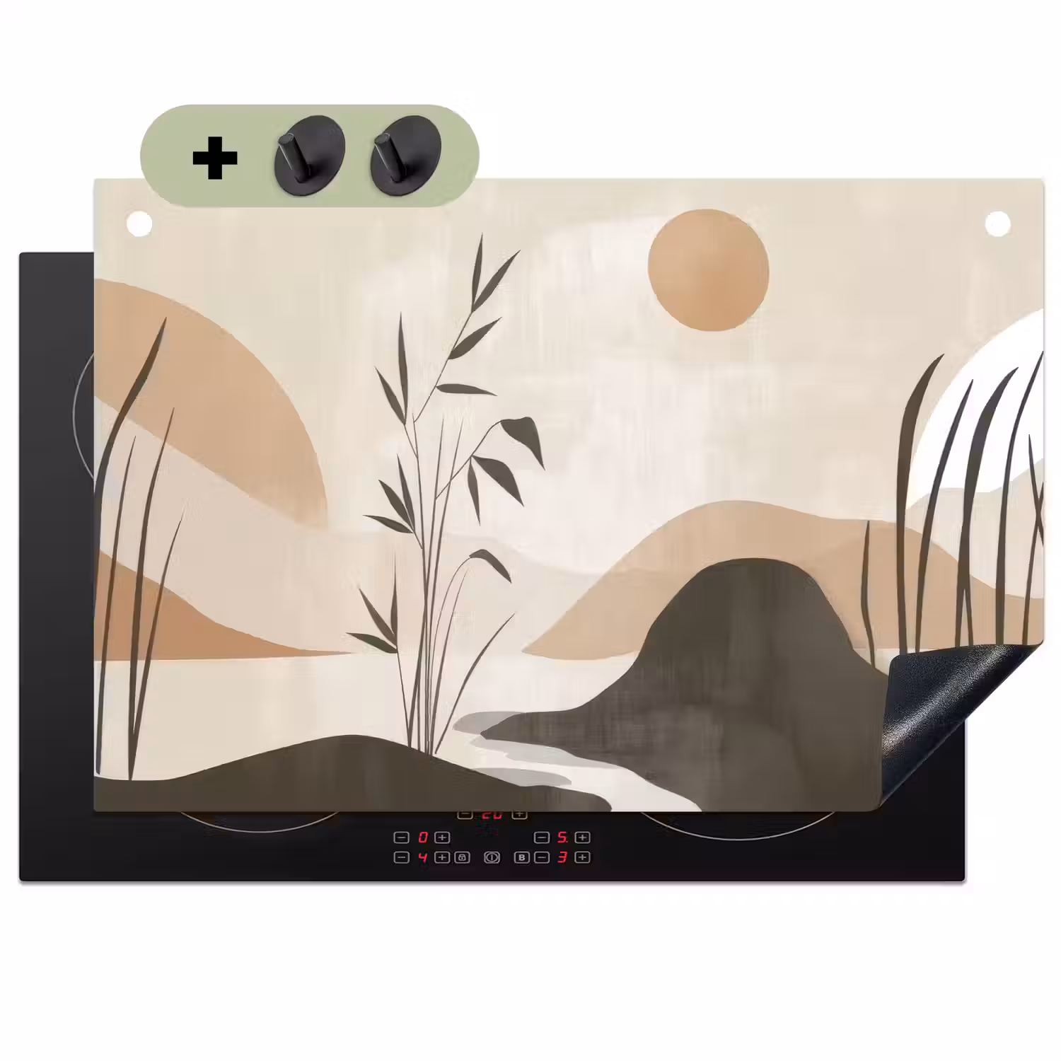 Japandi - Landschap - Beige Inductie beschemer met haakjes klein -3d