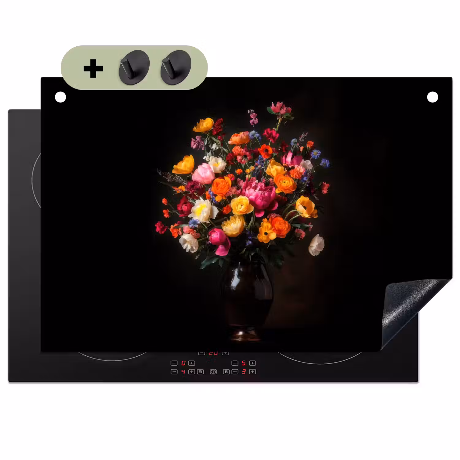 Kleurrijk - Boeket - Vaas - Donkerbruin Inductie beschemer met haakjes klein -3d