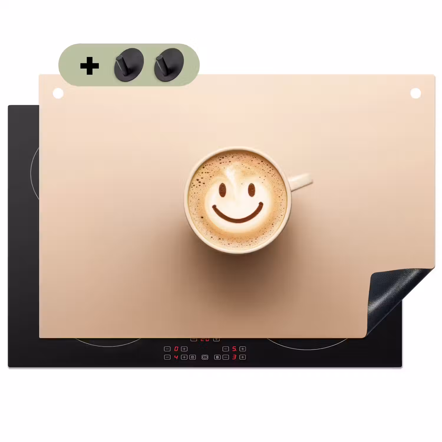 Koffie - Melkschuim - Lach - Beige Inductie beschemer met haakjes klein -3d
