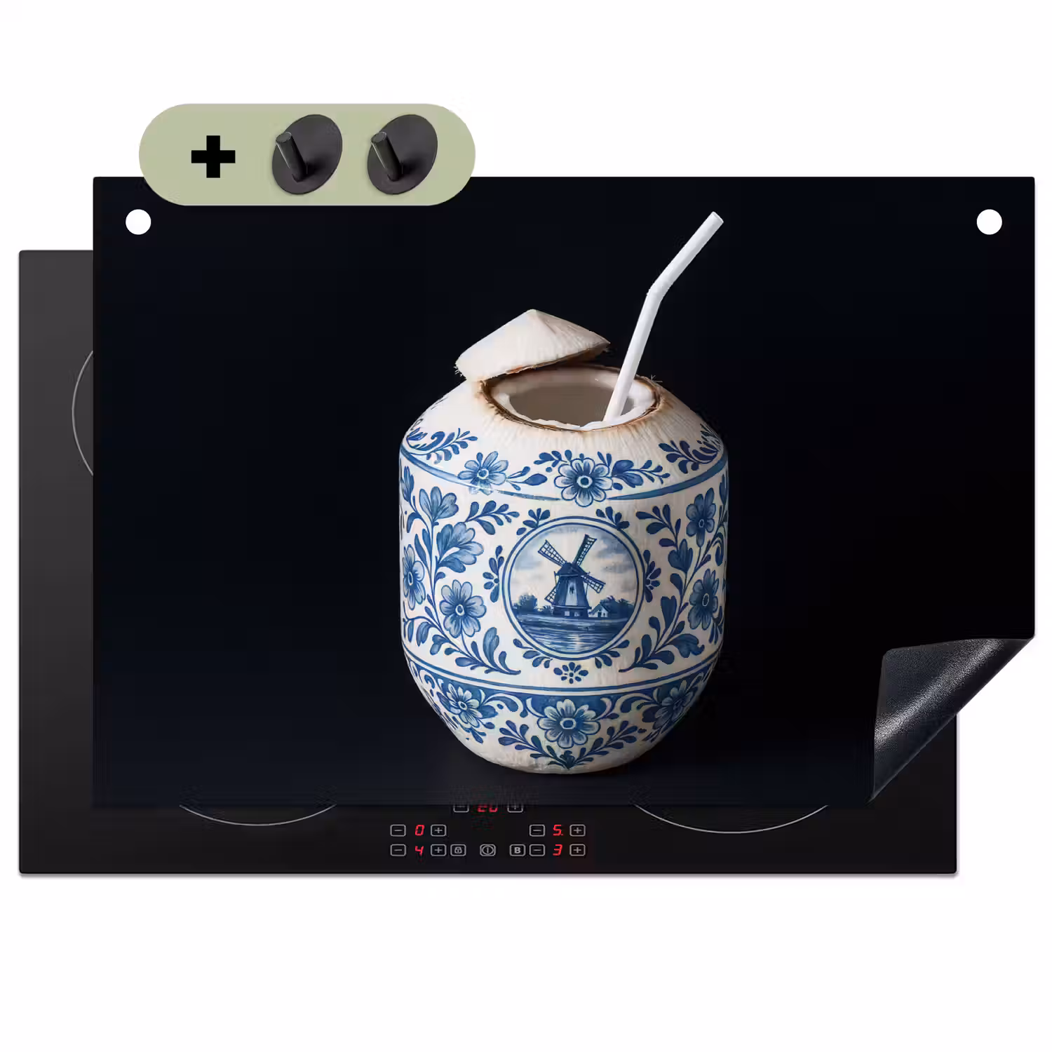 Kokosnoot - Eten - Delfts blauw - Drinken Inductie beschemer met haakjes klein -3d