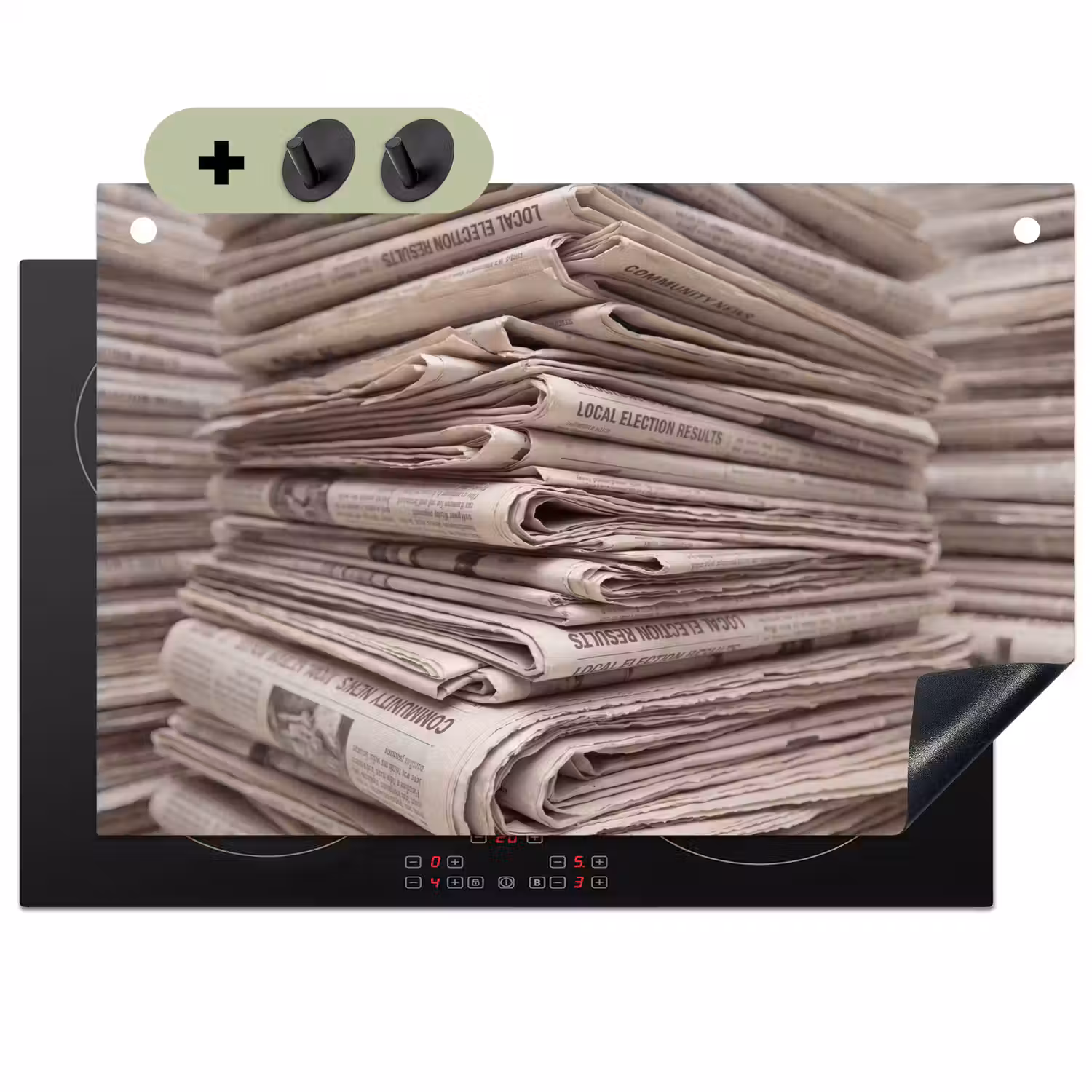 Kranten - Stapel - Nieuws - Vintage - Beige Inductie beschemer met haakjes klein -3d