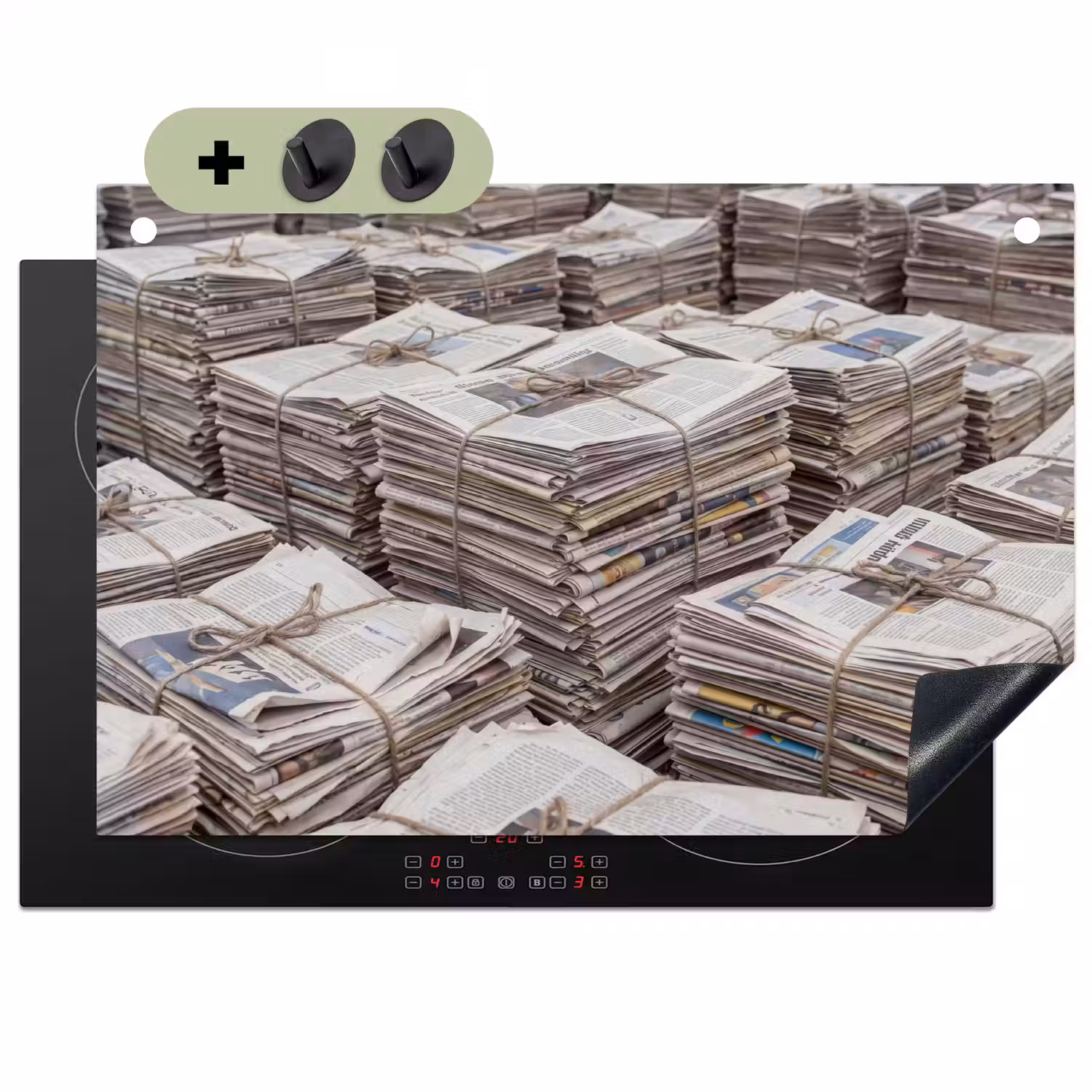 Kranten - Stapels - Touw - Informatie - Vintage Inductie beschemer met haakjes klein -3d
