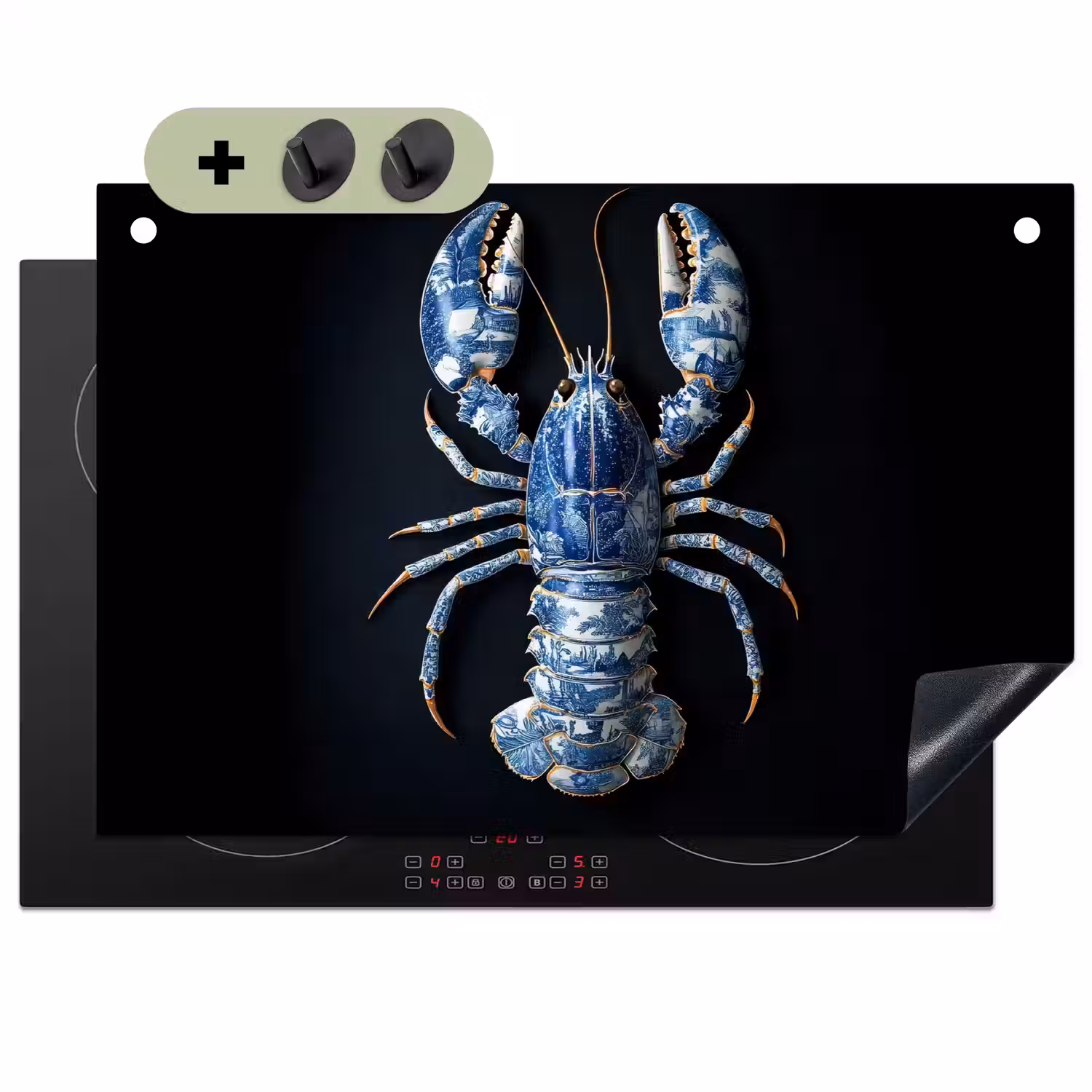 Kreeft - Delftsblauw - Schild - Stoer Inductie beschemer met haakjes klein -3d