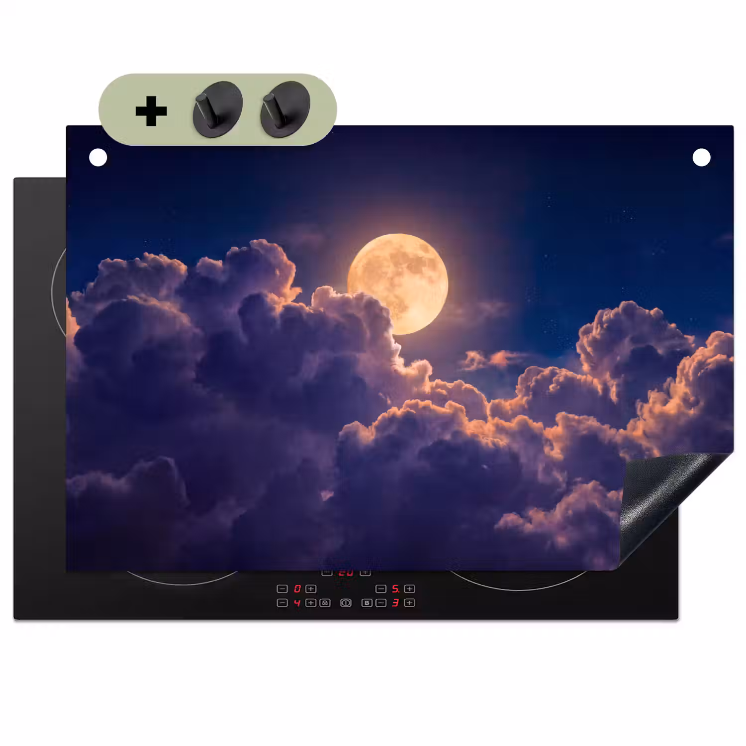 Maan - Wolken - Nacht - Oranje Inductie beschemer met haakjes klein -3d
