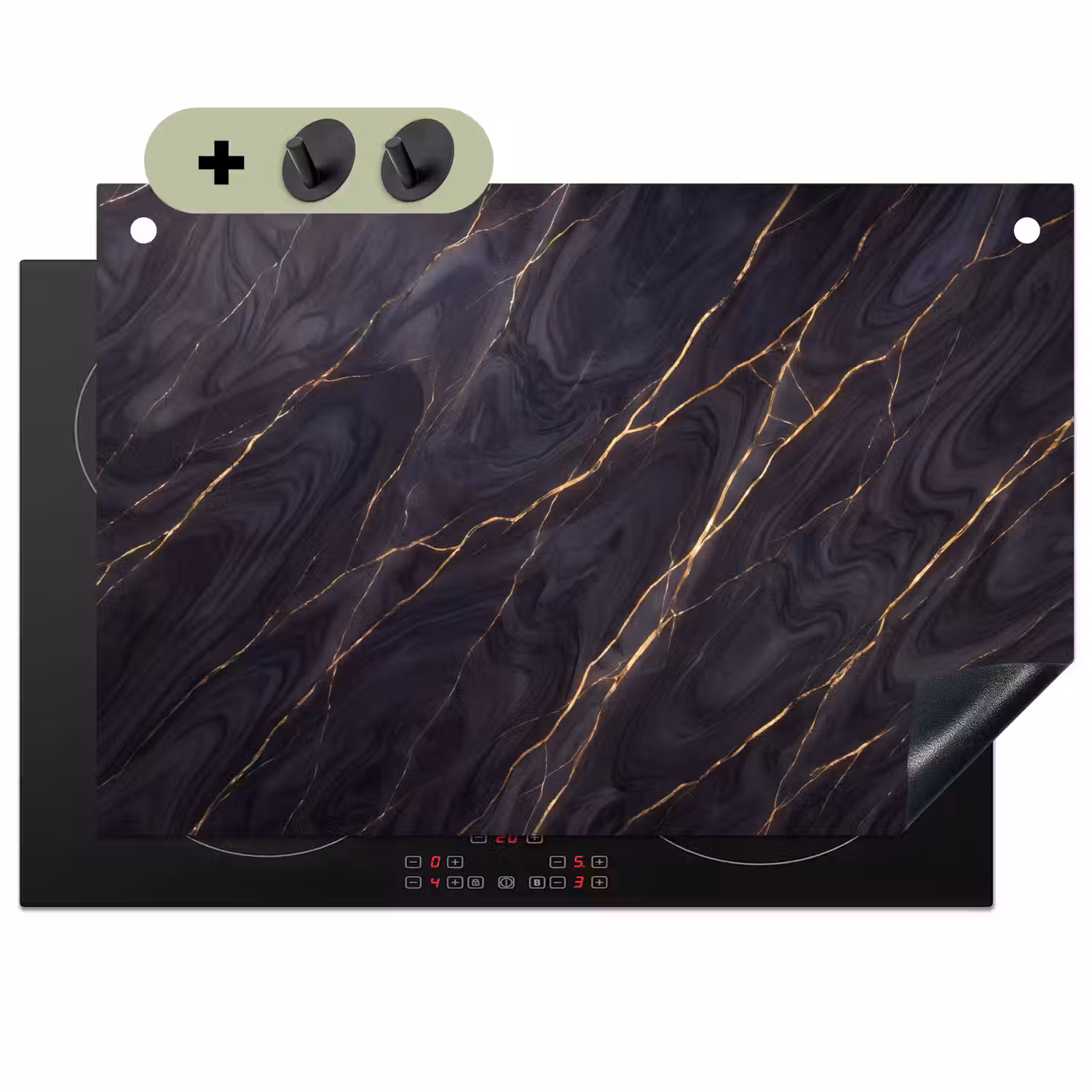 Marmer - Goudaders - Abstract - Modern - Zwart Inductie beschemer met haakjes klein -3d
