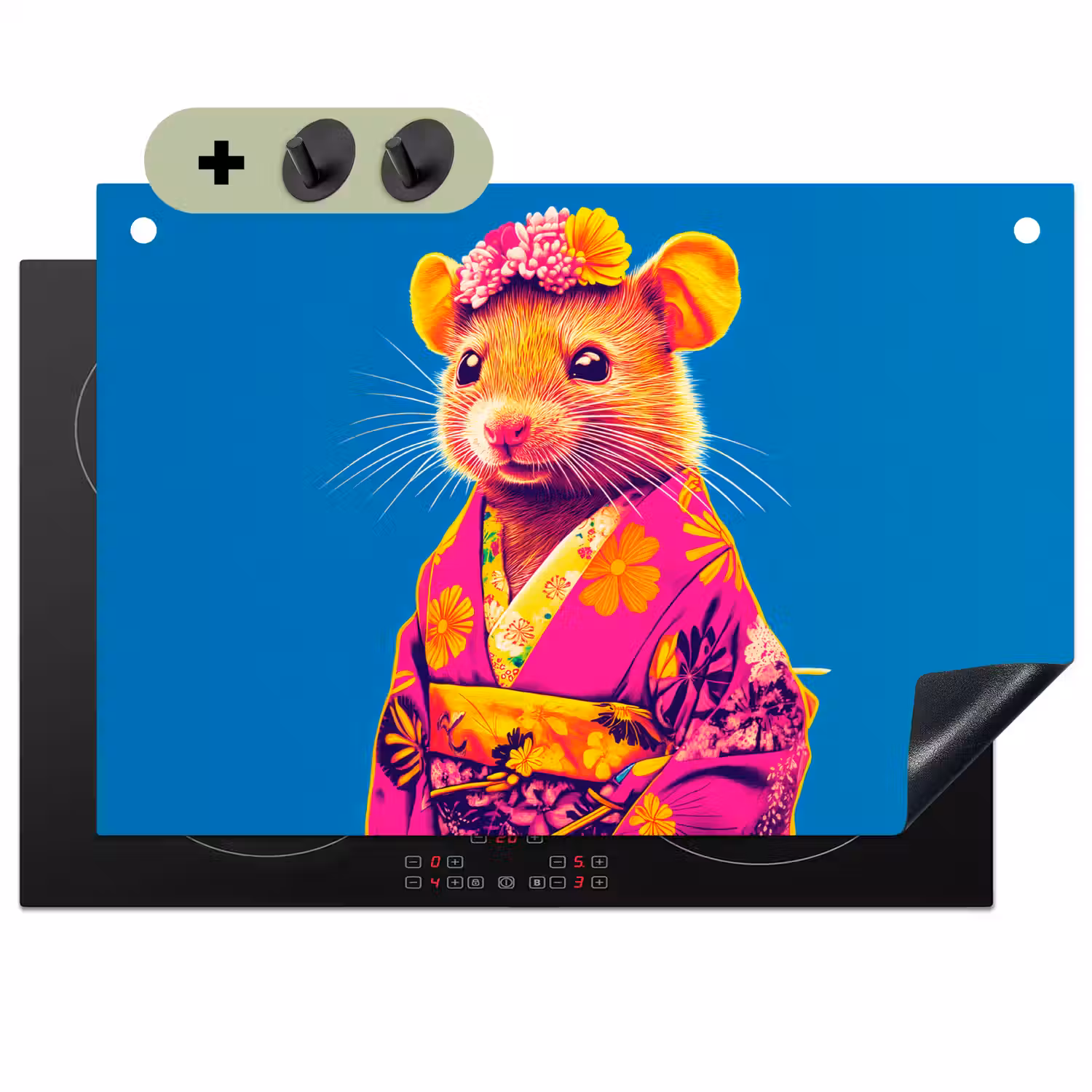 Muis - Kimono - Bloemen - Blauw Inductie beschemer met haakjes klein -3d