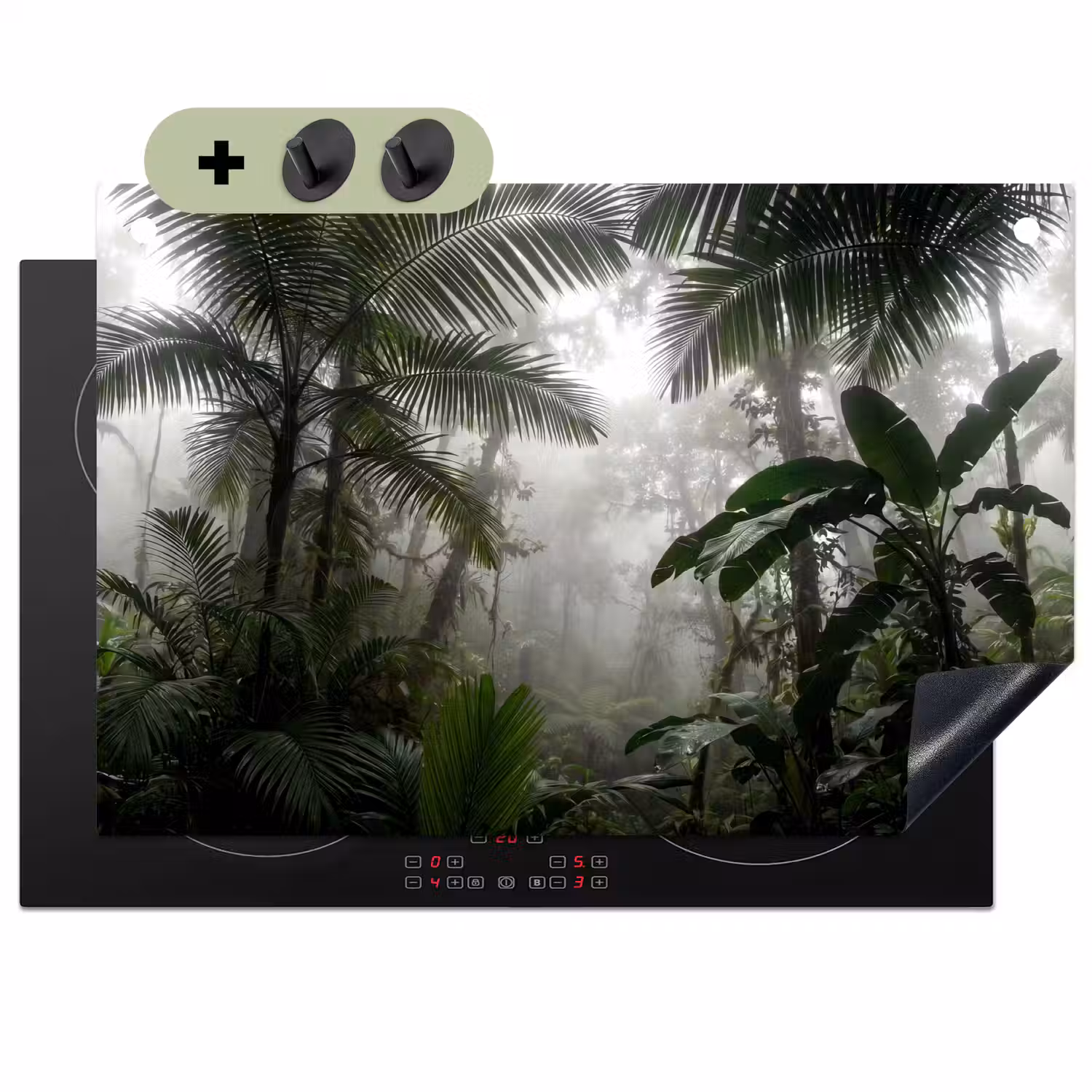 Natuur - Jungle - Mist - Groen - Bladeren Inductie beschemer met haakjes klein -3d
