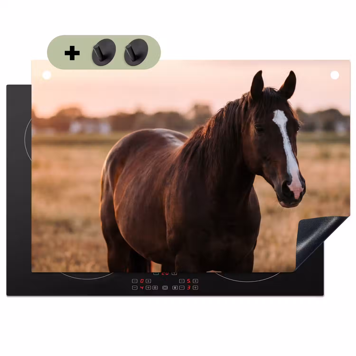 Paard - Zonsondergang - Bruin Inductie beschemer met haakjes klein -3d