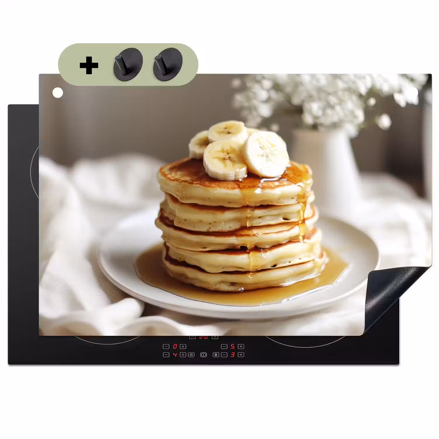 Pannenkoeken - Banaan - Siroop - Wit - Beige Inductie beschemer met haakjes klein -3d
