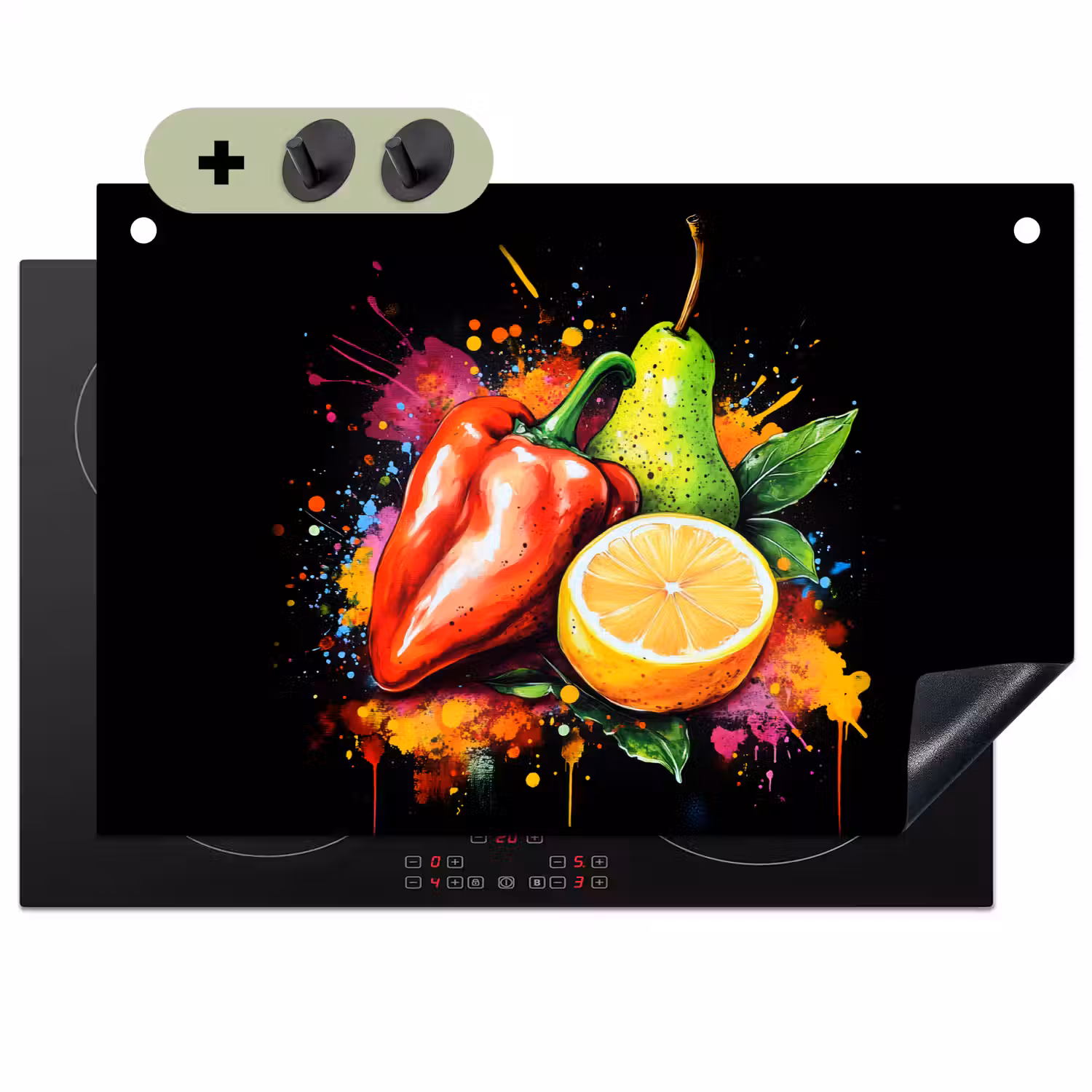 Paprika - Peer - Citroen - Graffiti - Verf - Abstract Inductie beschemer met haakjes klein -3d