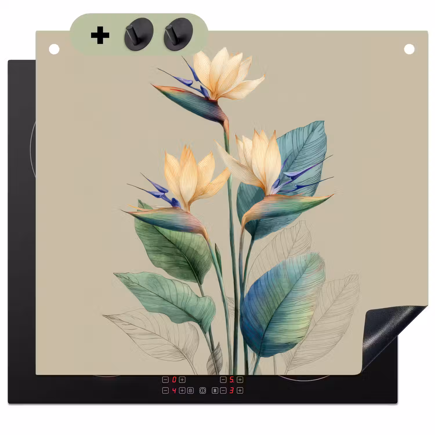 Paradijsvogelbloemen - Blauwgroene bladeren - Beige Inductie beschemer met haakjes middel -3d