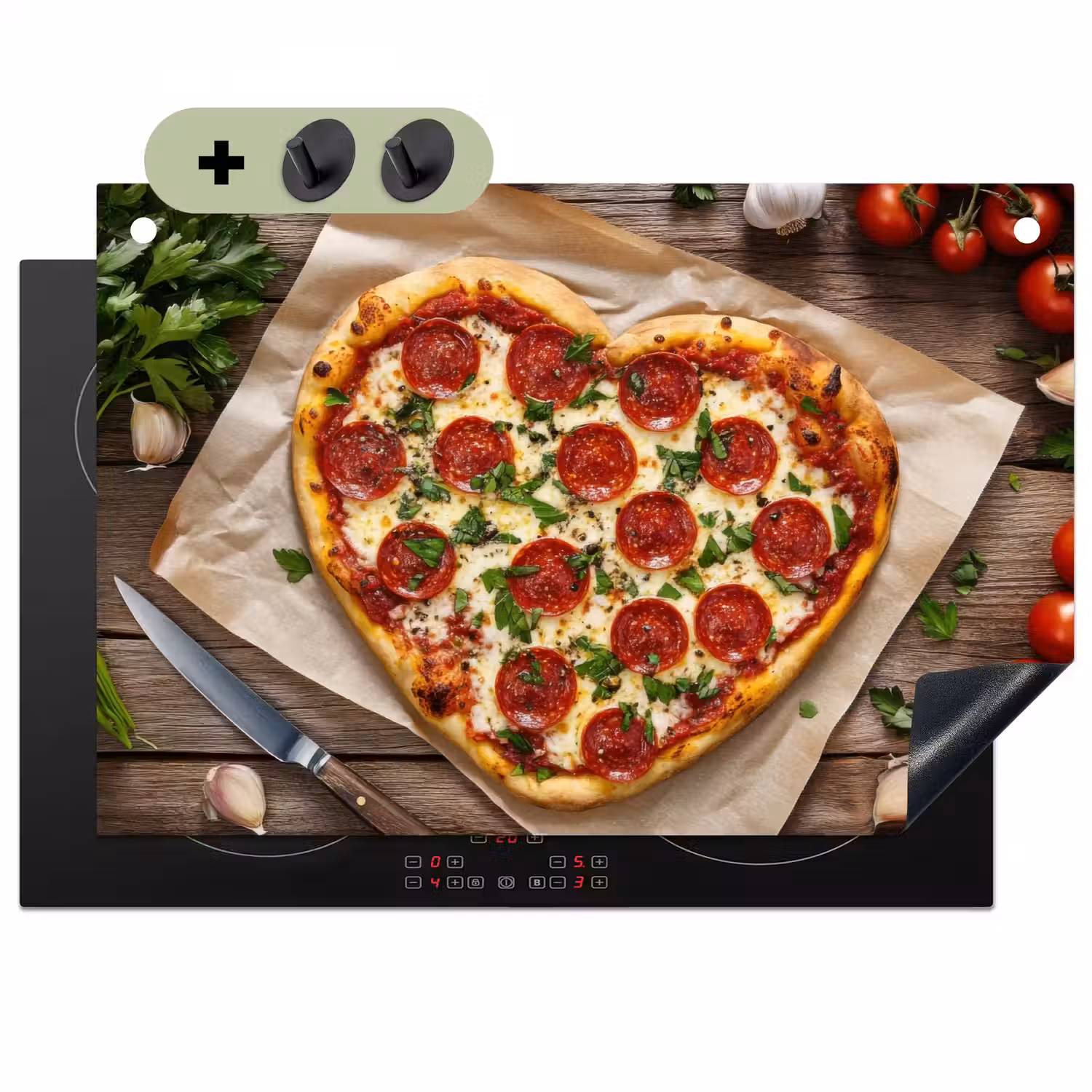 Pizza - Hart - Pepperoni - Tomaat Inductie beschemer met haakjes klein -3d