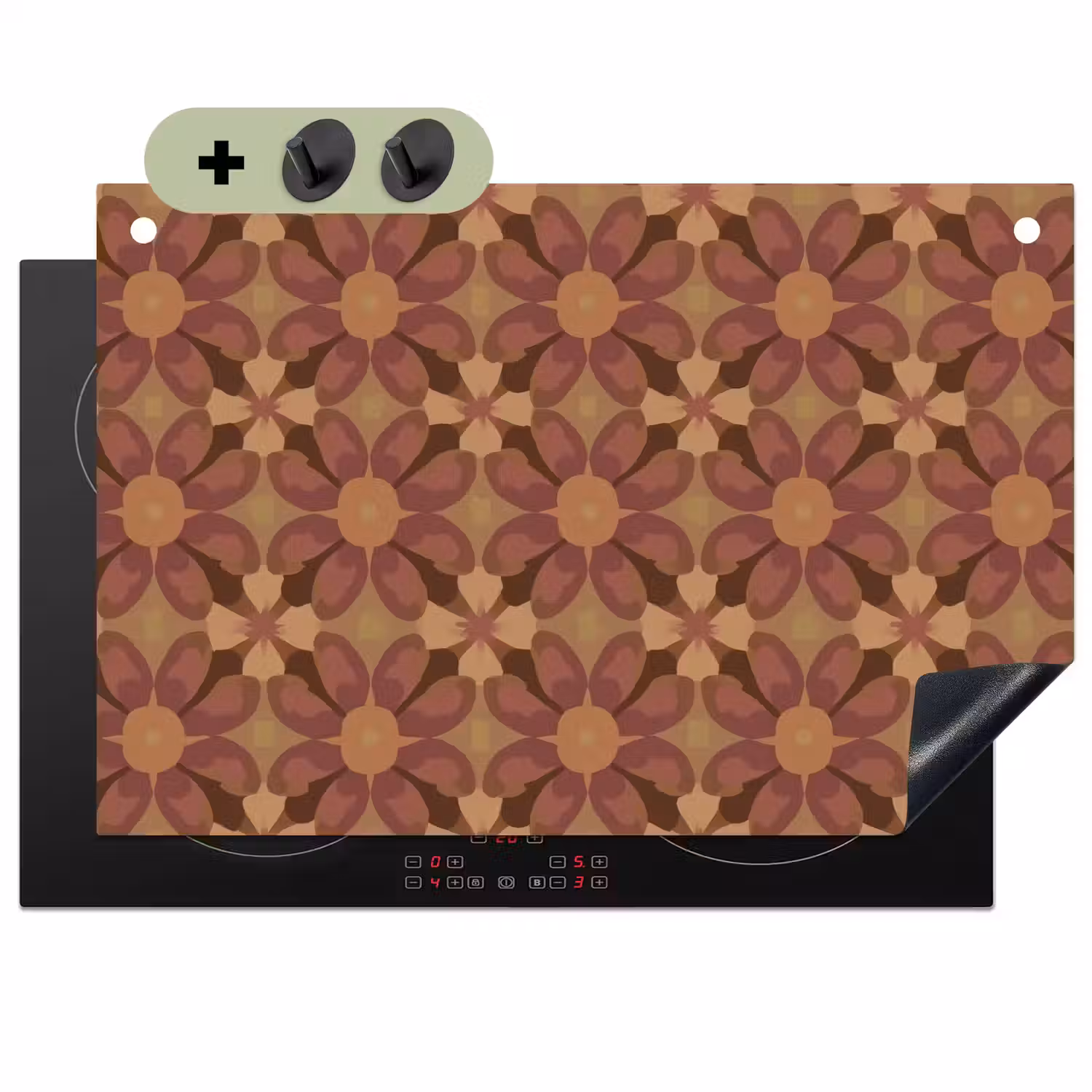 Retro - Bloemen - Bruin Inductie beschemer met haakjes klein 777 -3d