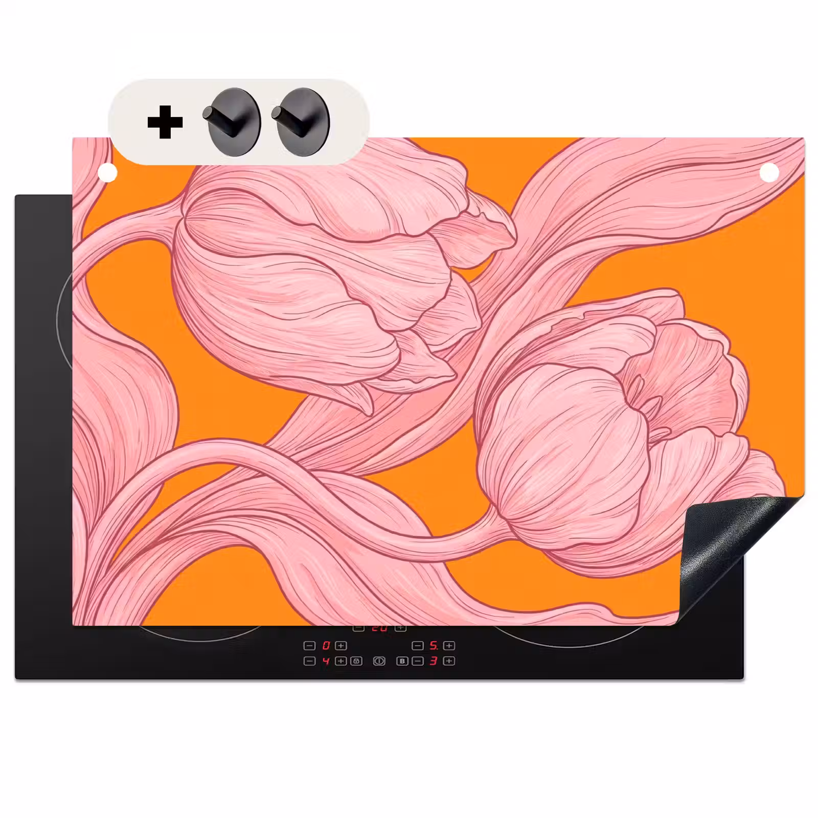 Inductiebeschermer & spatscherm (2in1) - Roze bloemen - Modern - Roze bloemen - Modern Inductie beschemer met haakjes klein