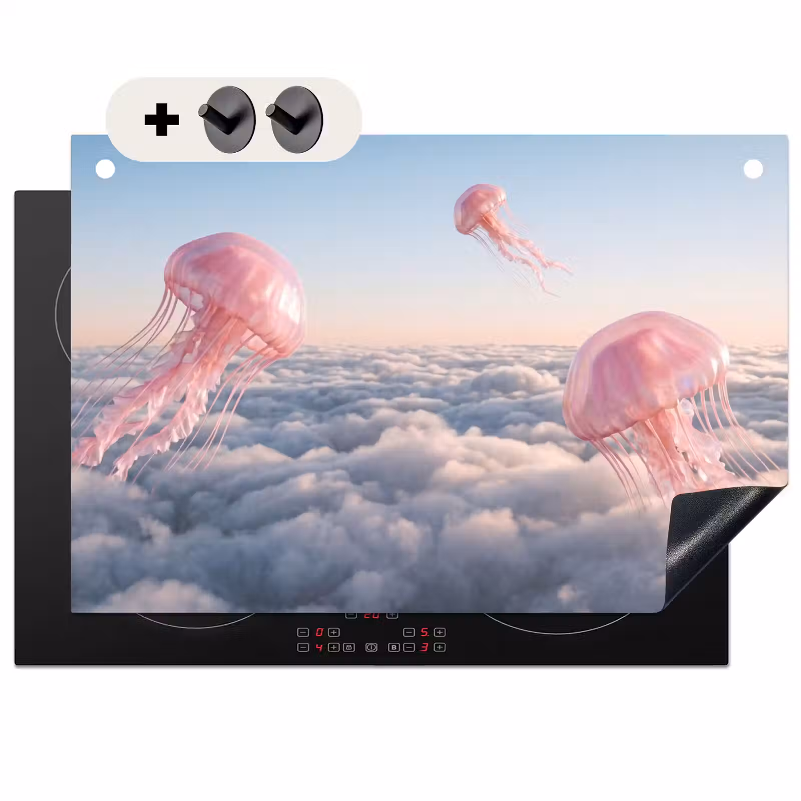 Inductiebeschermer & spatscherm (2in1) - Roze dier - Wolken - Roze dier - Wolken Inductie beschemer met haakjes klein