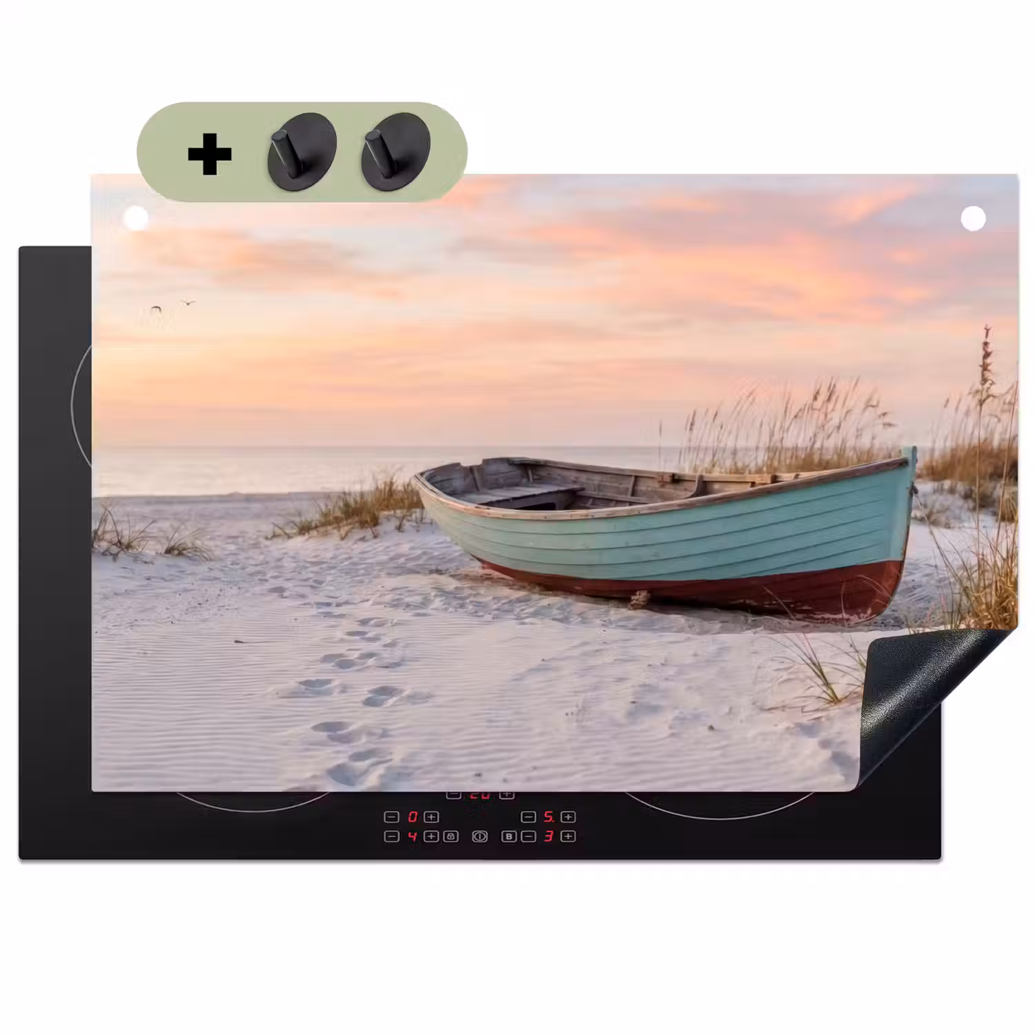Rustiek - Roeiboot - Zandstrand Inductie beschemer met haakjes klein -3d