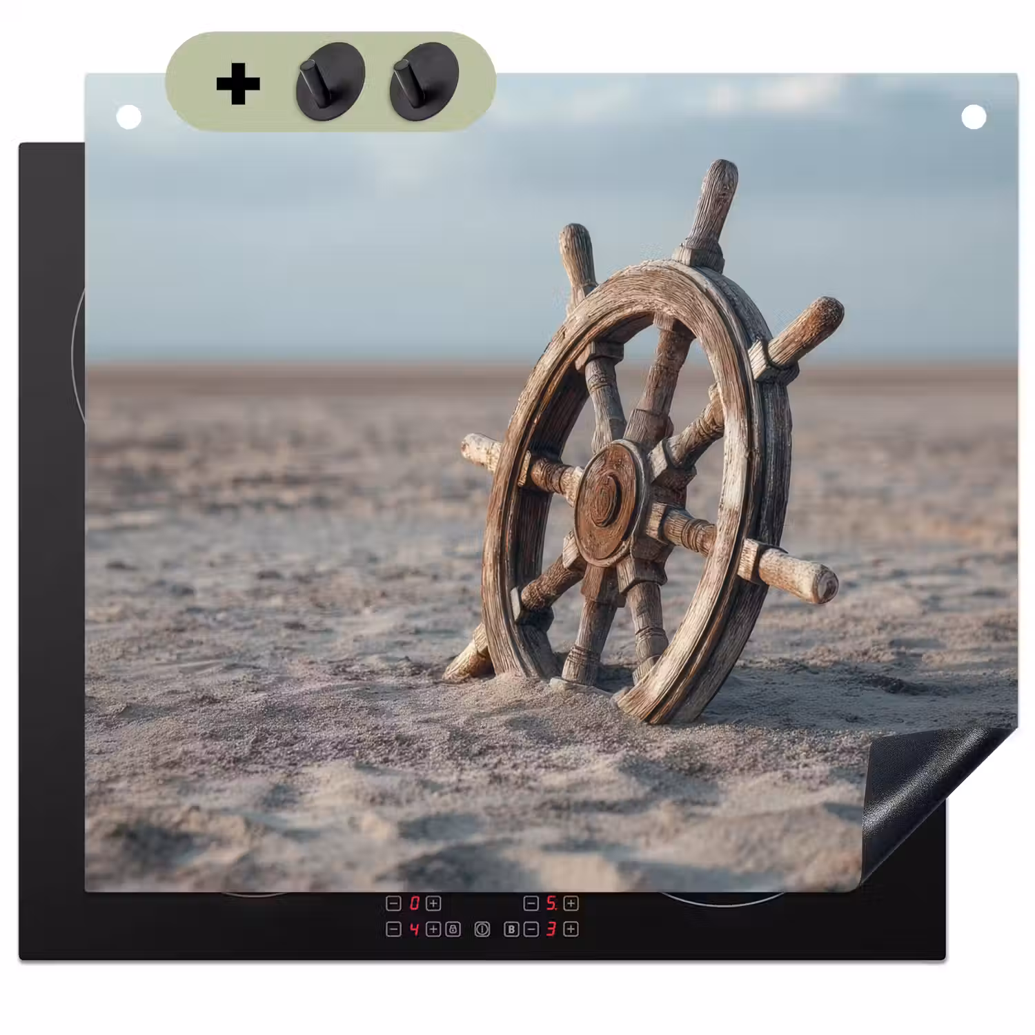 Scheepsstuur - Hout - Bruin - Zand Inductie beschemer met haakjes middel -3d
