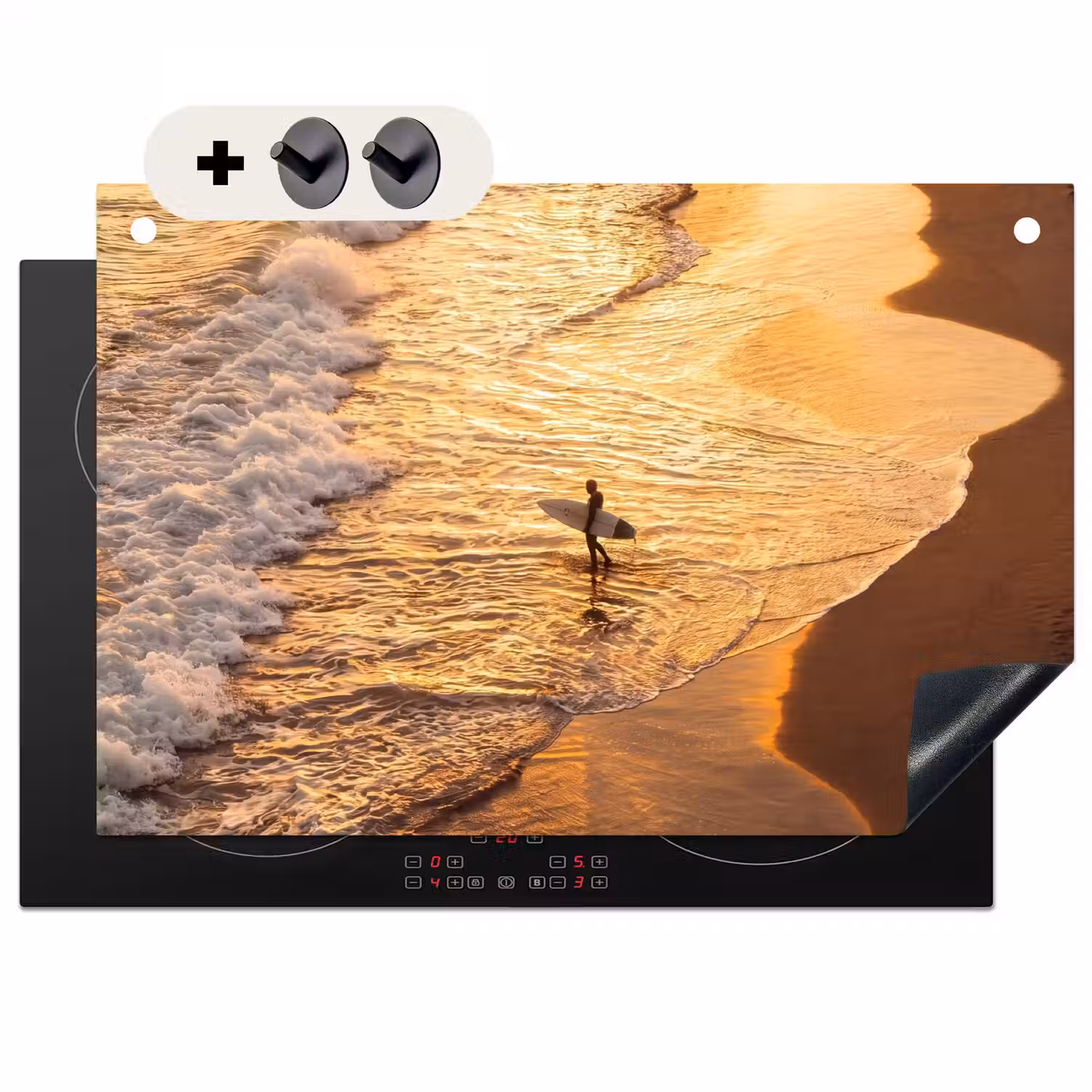 Surfer - Strand - Zonsondergang - Oceaan - Goud Inductie beschemer met haakjes klein -3d