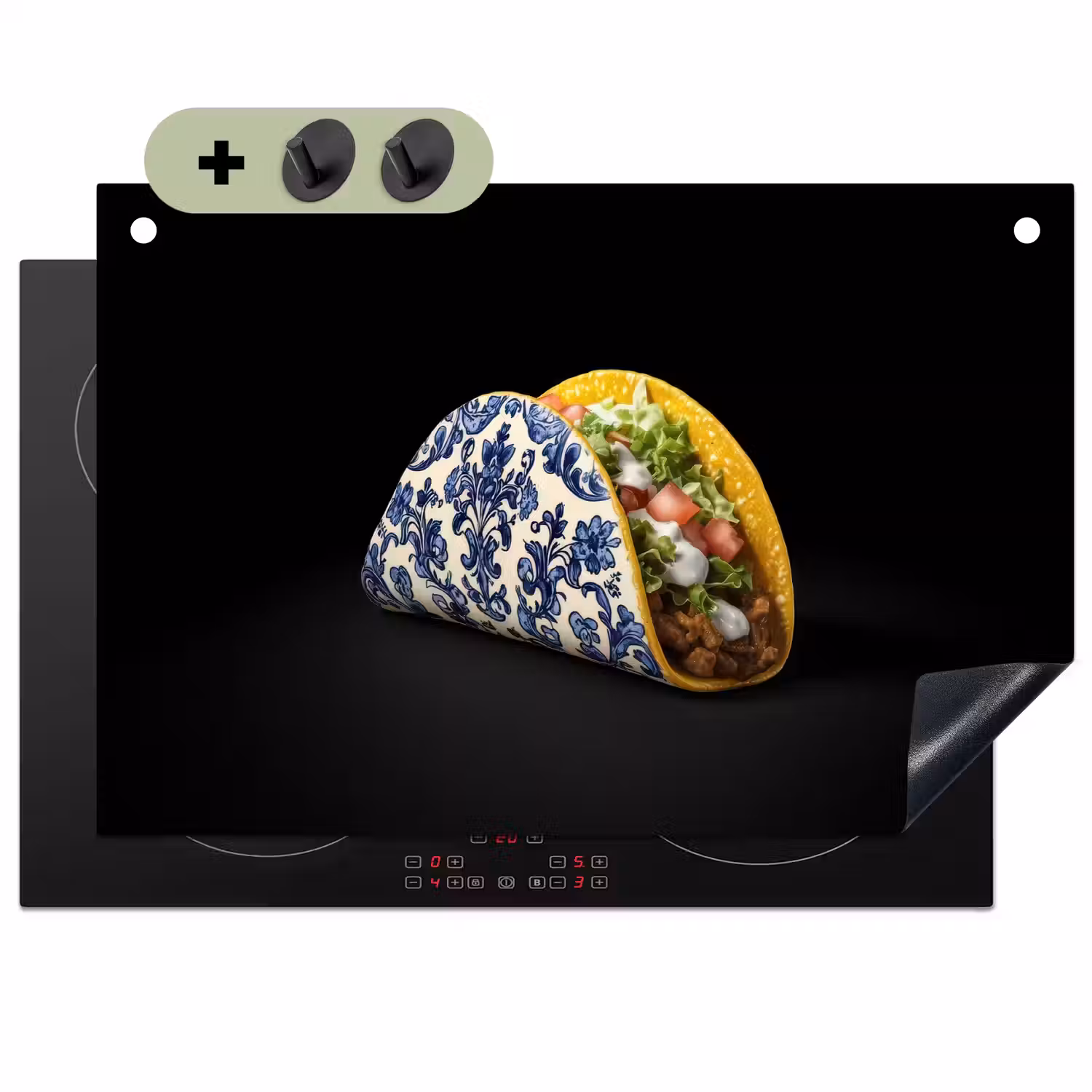Taco - Vlees - Salade - Delftsblauw - Motief Inductie beschemer met haakjes klein -3d