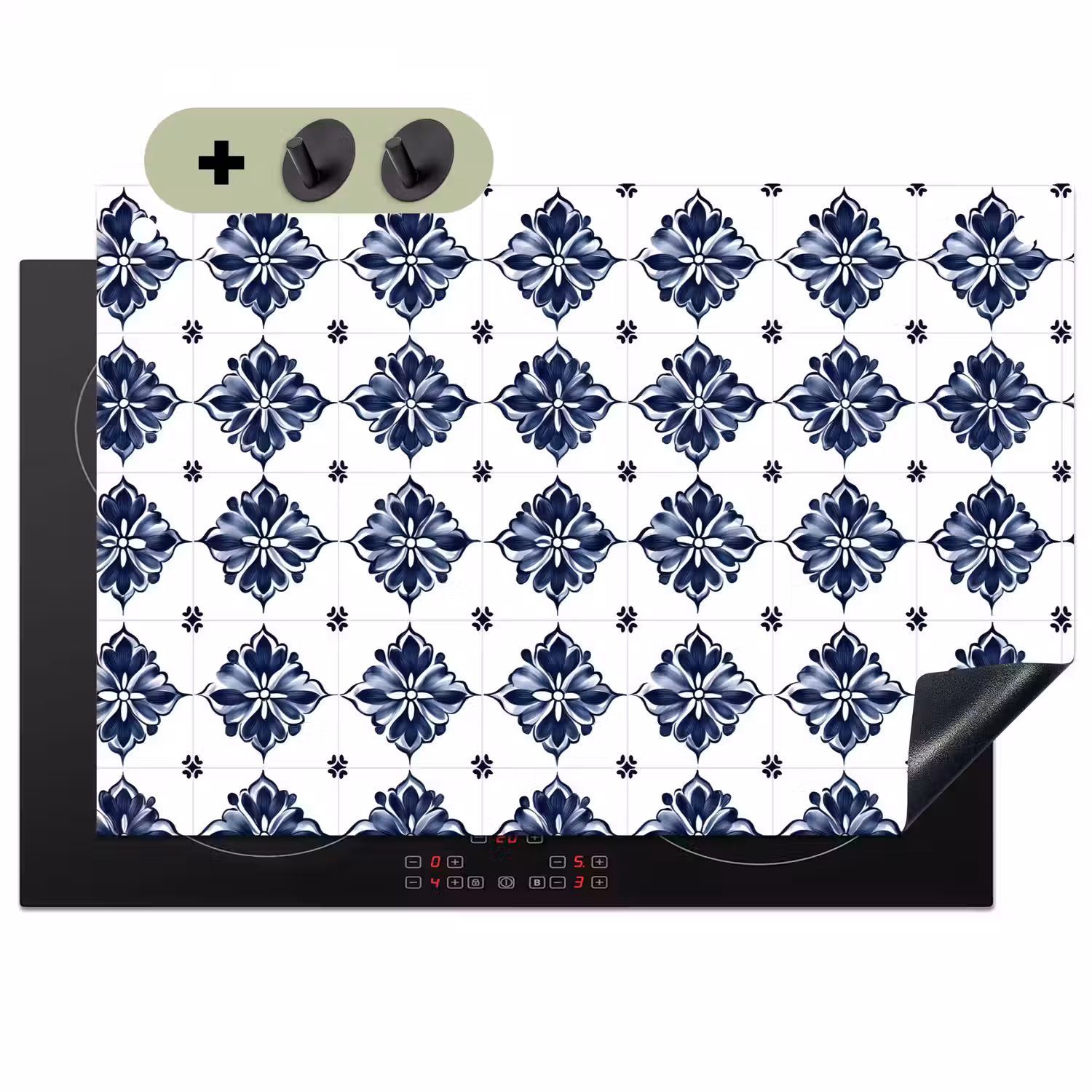 Tegelmotief - Blauw - Wit - Bloem Inductie beschemer met haakjes klein 777 -3d
