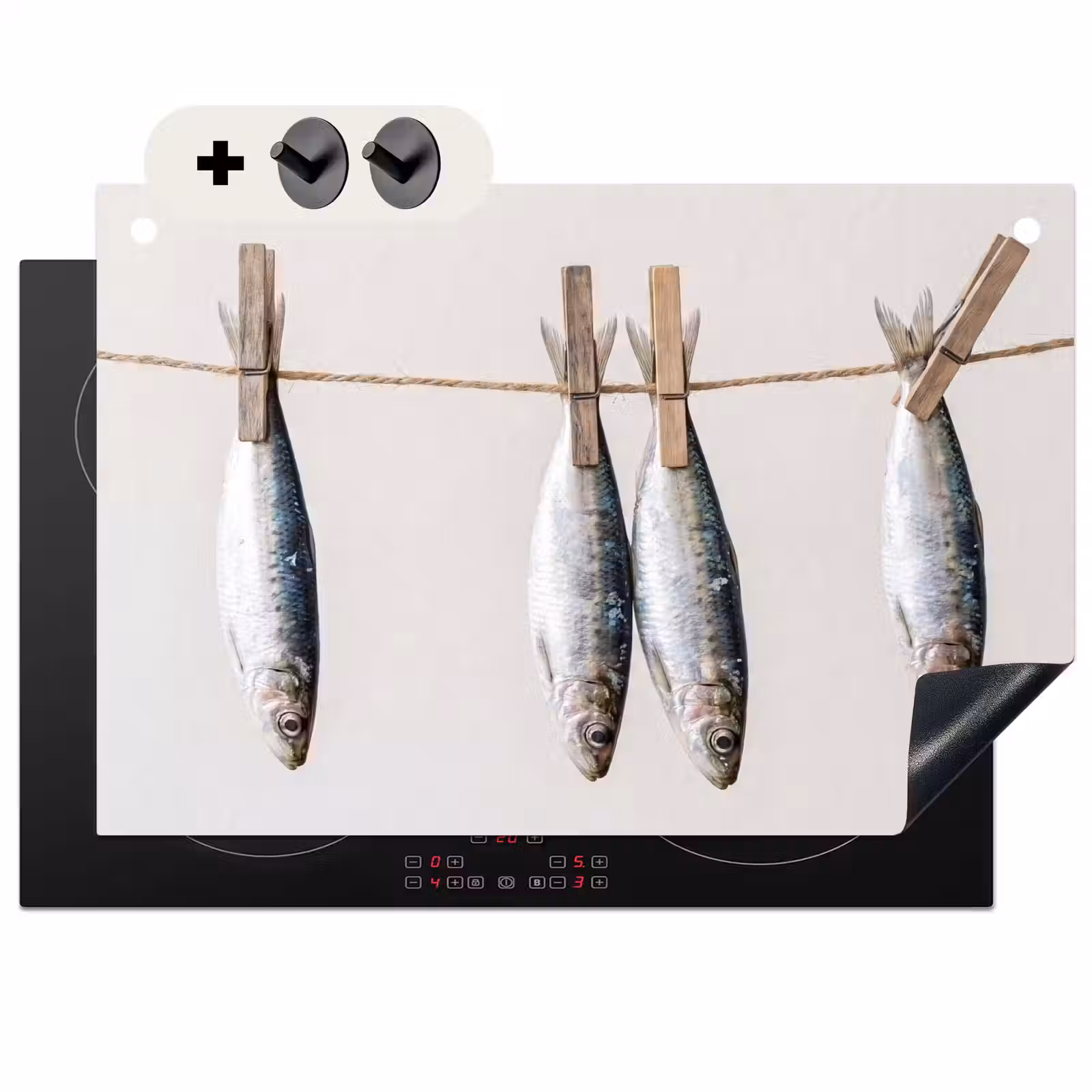 Inductiebeschermer & spatscherm (2in1) - Vis - Hangend - Eten - Vis - Hangend - Eten Inductie beschemer met haakjes klein