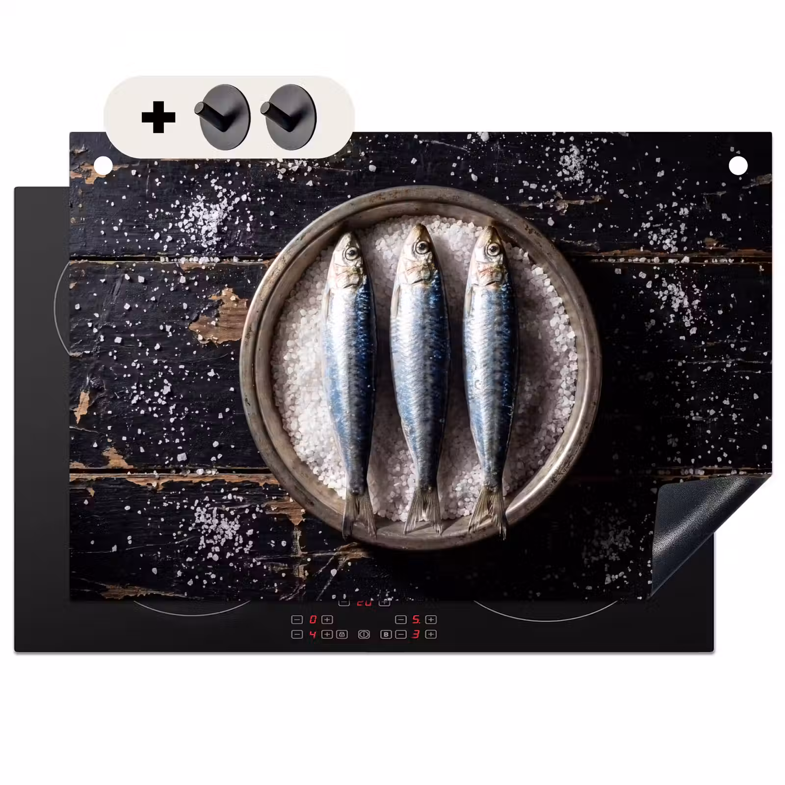 Inductiebeschermer & spatscherm (2in1) - Vis - Zout - Eten - Vis - Zout - Eten Inductie beschemer met haakjes klein