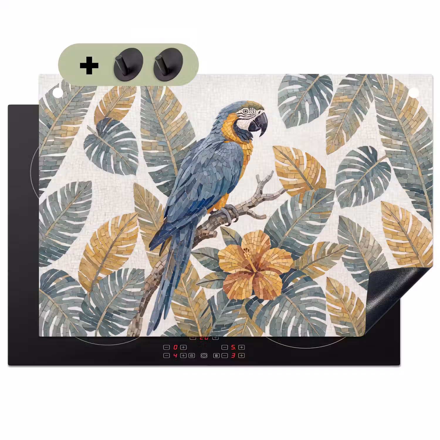 Vogel - Tak - Natuur - Mozaïek - Blauw Inductie beschemer met haakjes klein -3d